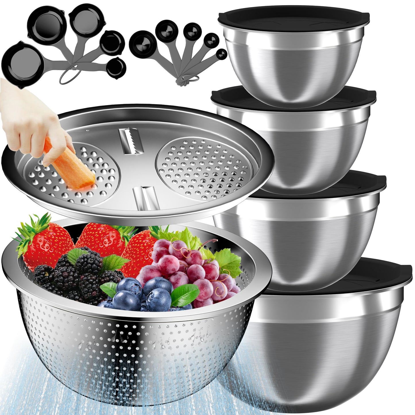 Nicdiet Mixing Bowls with Lids Set, 16PCS Stainless Steel Mixing Bowls,Nesting Storage Bowls for Kitchen with Mixing Bowl, Colander, Strainer & Grater, Metal Salad Bowl for Kitchen Gadgets, Black