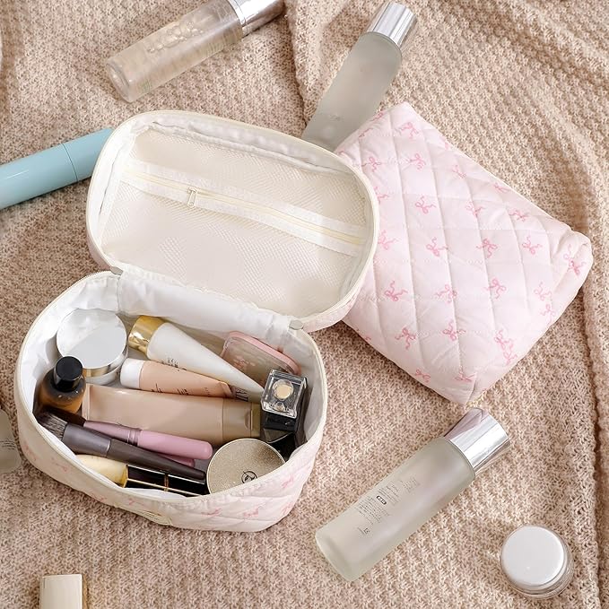 3Pcs Aesthetic Cotton Quilted Drawstring Makeup Bag Set, Aesthetic Cute Bow Makeup Pouch for Girls and Women, Aesthetic Travel Organized Cosmetic Bags for Purse(02Pink Flower Bow)