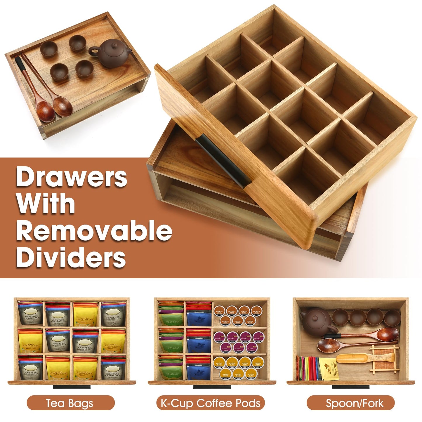 Acacia Wood Tea Bag Organizer - 12-Compartment Capacity Tea Box Organizer Storage Box with Drawer, Tea Accessories for Tea Bags Storage Drawer, Tea Station for Countertop