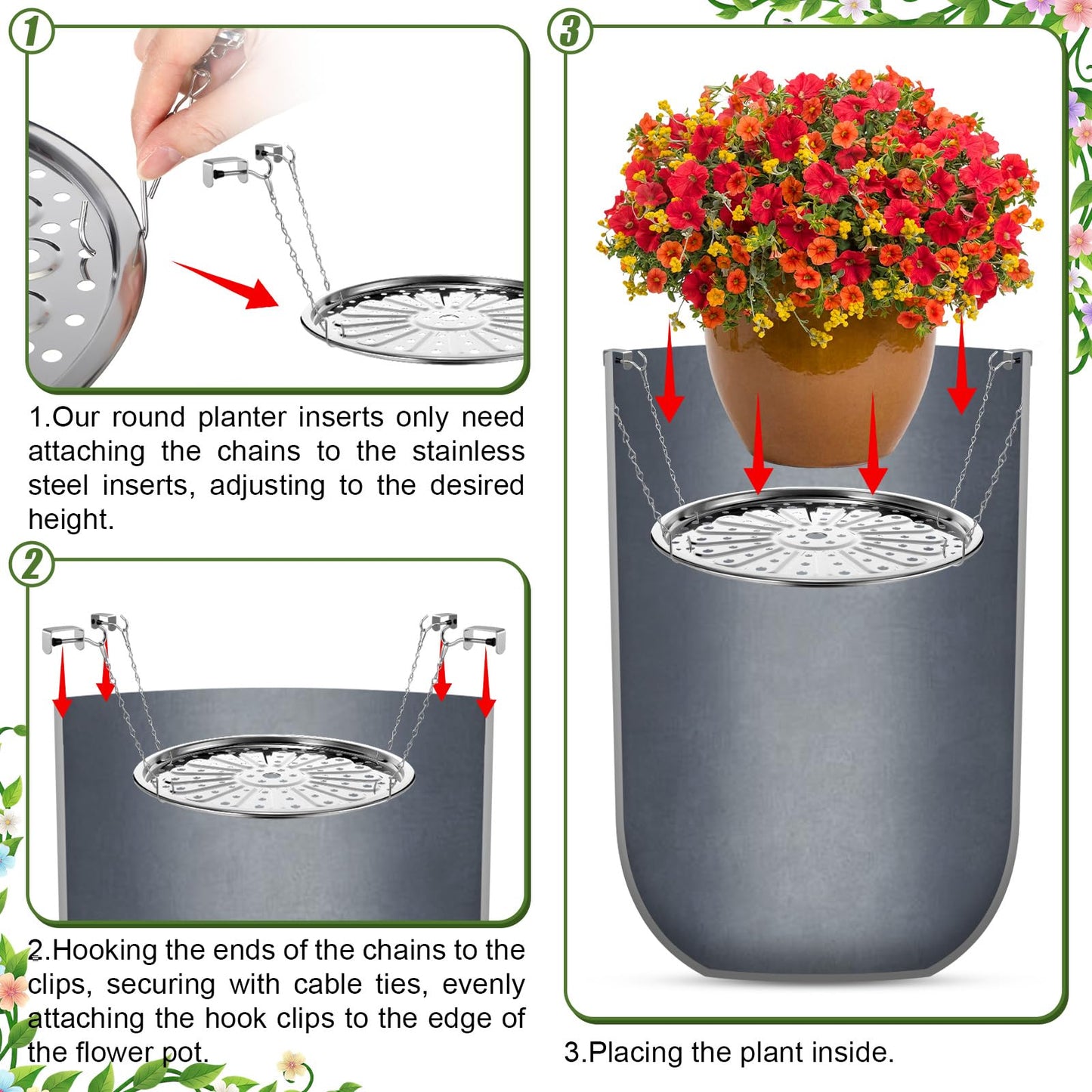 ElaraBerry 4 Set 11'' Adjustable Height Plant Inserts with Chain for Inside Pots Stainless Steel Plant Pot Insert Round Planter Filler Elevate Plants to Reduce Soil Usage for Large Tall Flower Pots