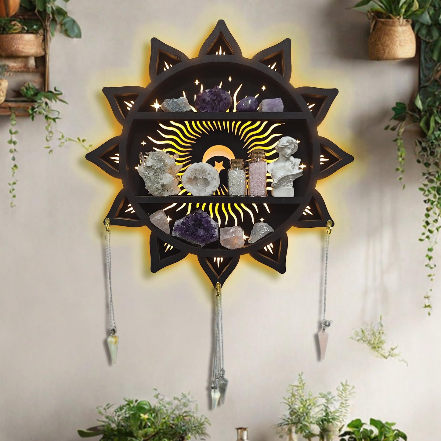 FNYDOX Chakra Lotus Flower Crystal Display Shelf with LED Light, Witchy Home Decor Boho Decorative Wall Mounted Trinket Shelf Wooden Sun Moon Shelf Rock Case Stone Storage Floating Hanging Holder