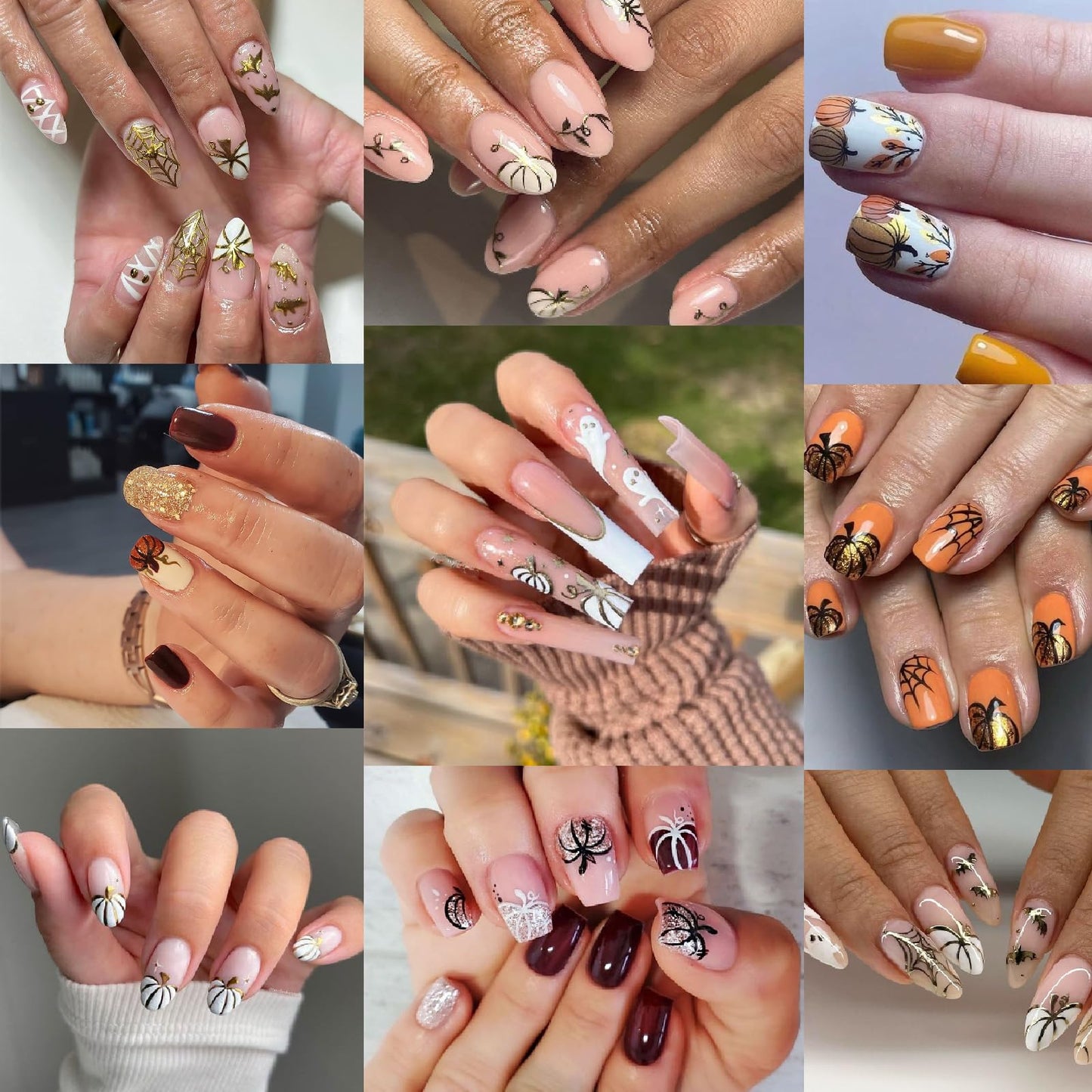 8 Sheets Halloween Nail Stickers 3D Self-Adhesive Glitter Pumpkin Ghost Black Leaf Nail Decals Gold Silver Pumpkin Spider Web Bat Design Nail Stickers for Halloween Party DIY Manicure Kit Decoration