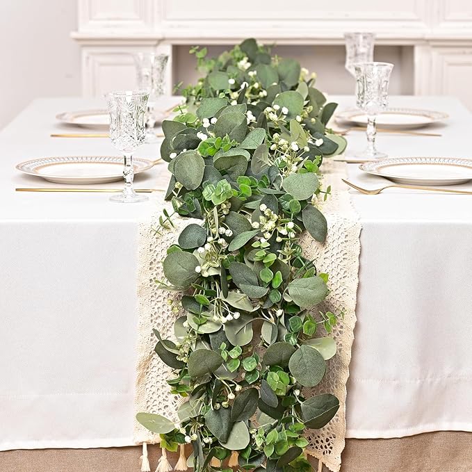 Dolicer 2 Packs 6FT Artificial Eucalyptus Garland, Faux Greenery Garland Fake Vines Hanging Silver Dollar Eucalyptus Leaves for Wedding Backdrop Arch Table Wall Party Home Decor
