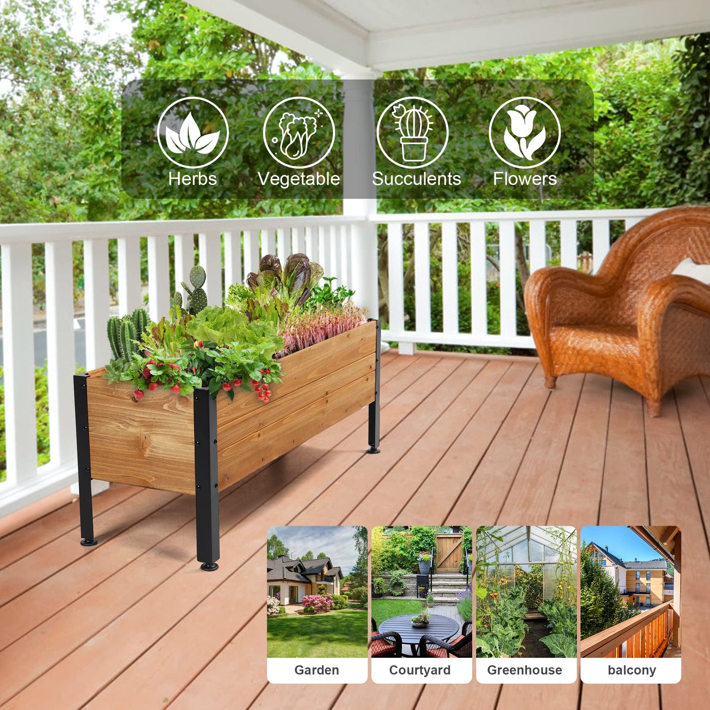 Borsynium Wooden Rectangular Flower Box with Low-Iron Legs, Planting Bed for Flowers and Vegetables, Suitable for Garden and Balcony. Dimensions: 35.43×13.9×12.5 inches