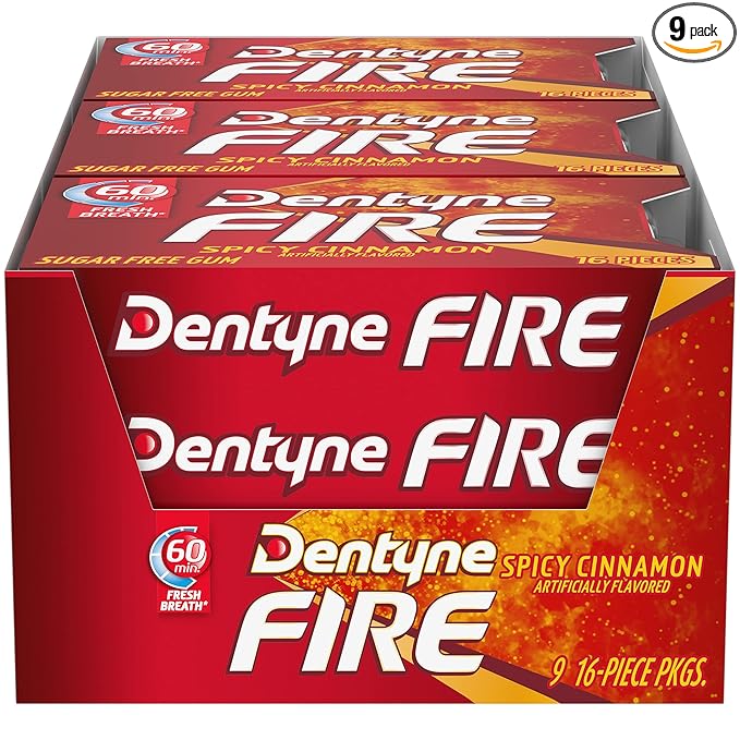 Dentyne Fire Spicy Cinnamon Sugar-Free Chewing Gum, Pack of 9 (144 Total Pieces)