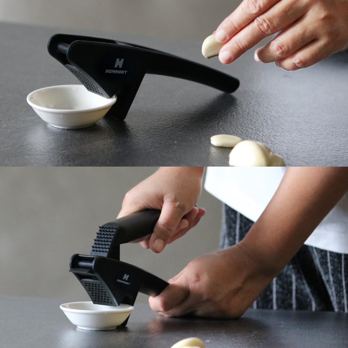 Hommony XPress | All-In-One Garlic Press Easy to Use & Clean, Effortlessly Squeeze Garlic Mincer, Durable Nylon Plastic Garlic Crusher, No Peel Needed & No Smelly Fingers