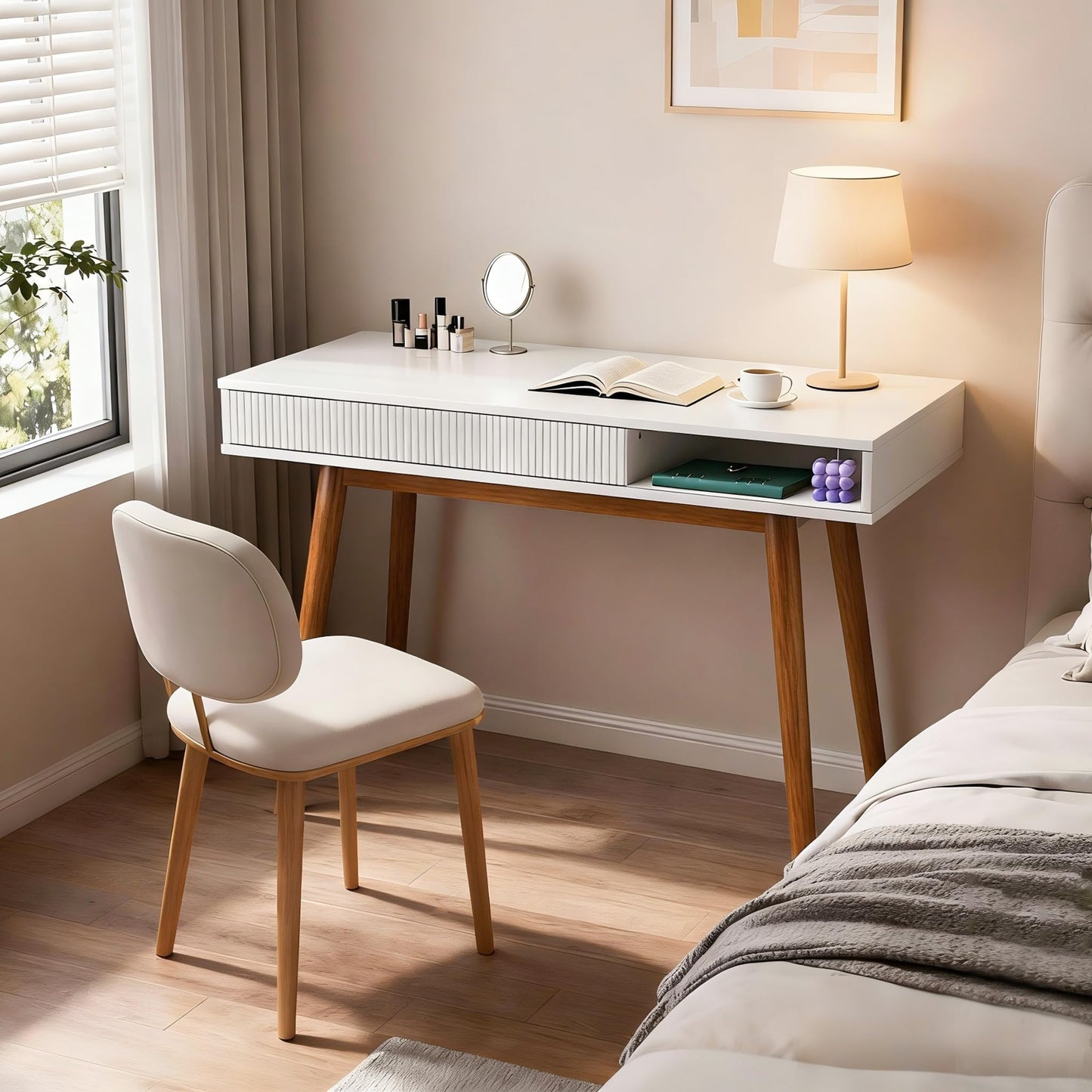 Artswish White Writing Desk with Drawers Mid Century Modern Desk, Wood Office Computer Desks for Small Space, White Desks with Walnut Legs