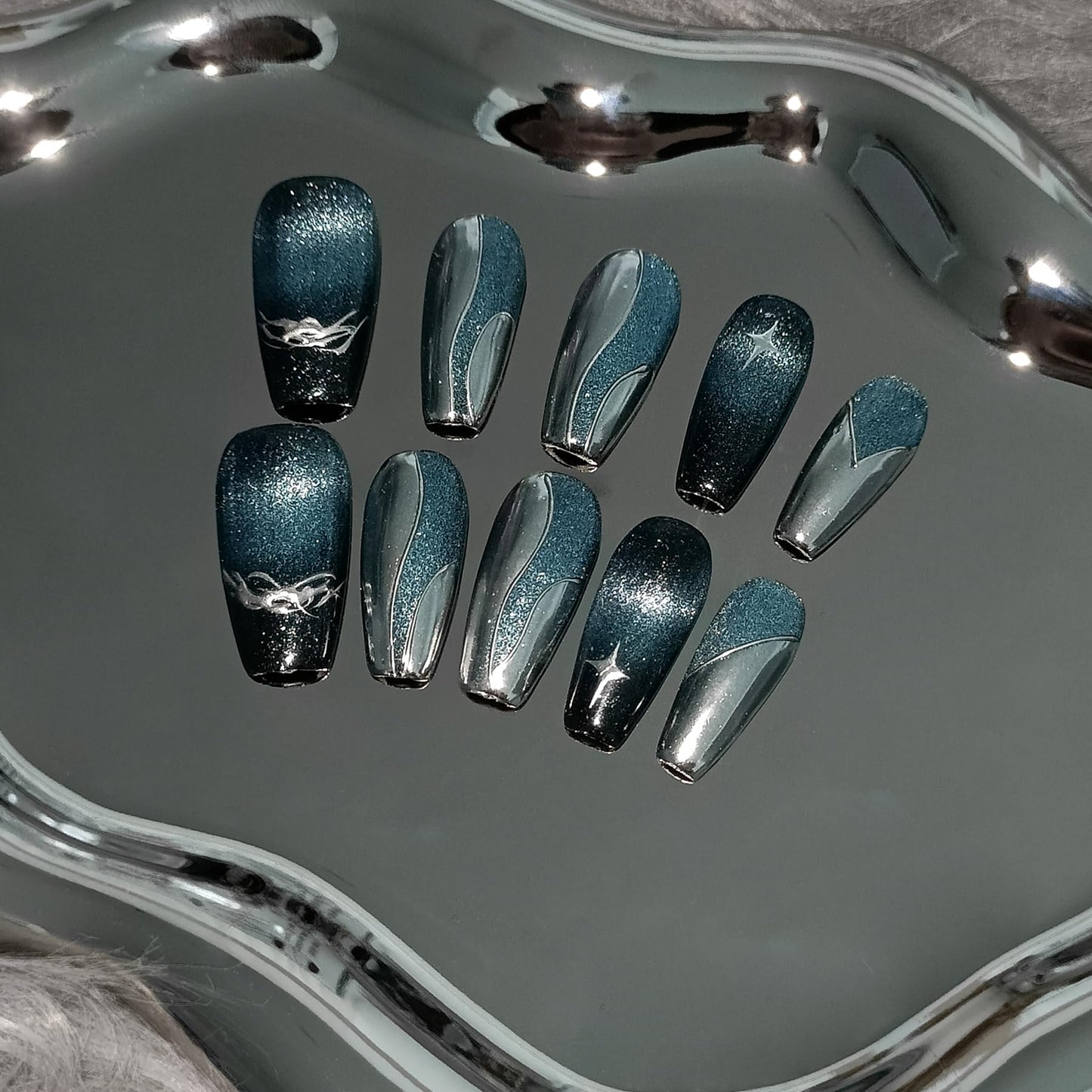 TENPAL 10Pcs Handmade Metallic Dark Blue Black Galaxy Cat Eye Press On Nails Coffin With Tools| 3D Wave Star Relief Punk Glitter Chrome Designs(XS)