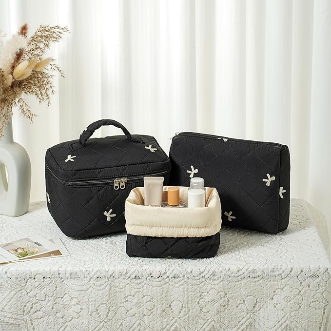 3Pcs Aesthetic Cotton Quilted Drawstring Makeup Bag Set, Aesthetic Cute Bow Makeup Pouch for Girls and Women, Aesthetic Travel Organized Cosmetic Bags for Purse(05Black Bow)