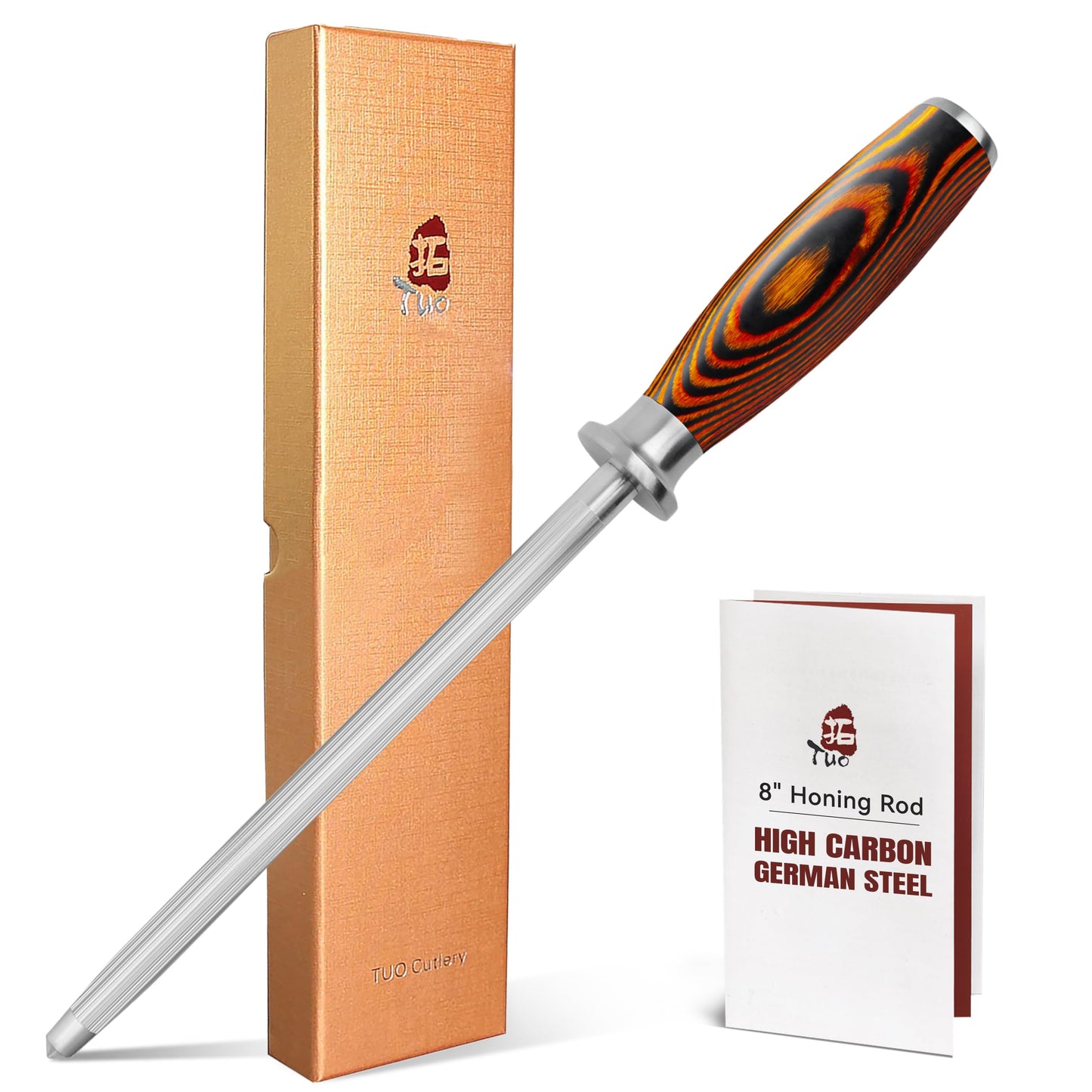 TUO Honing Rod, Sharpening Steel with Larger Diameter for Kitchen Knife Daily Honing Maintenance, High Carbon Steel 8" Knife Sharpener Rod, Ergonomic Handle