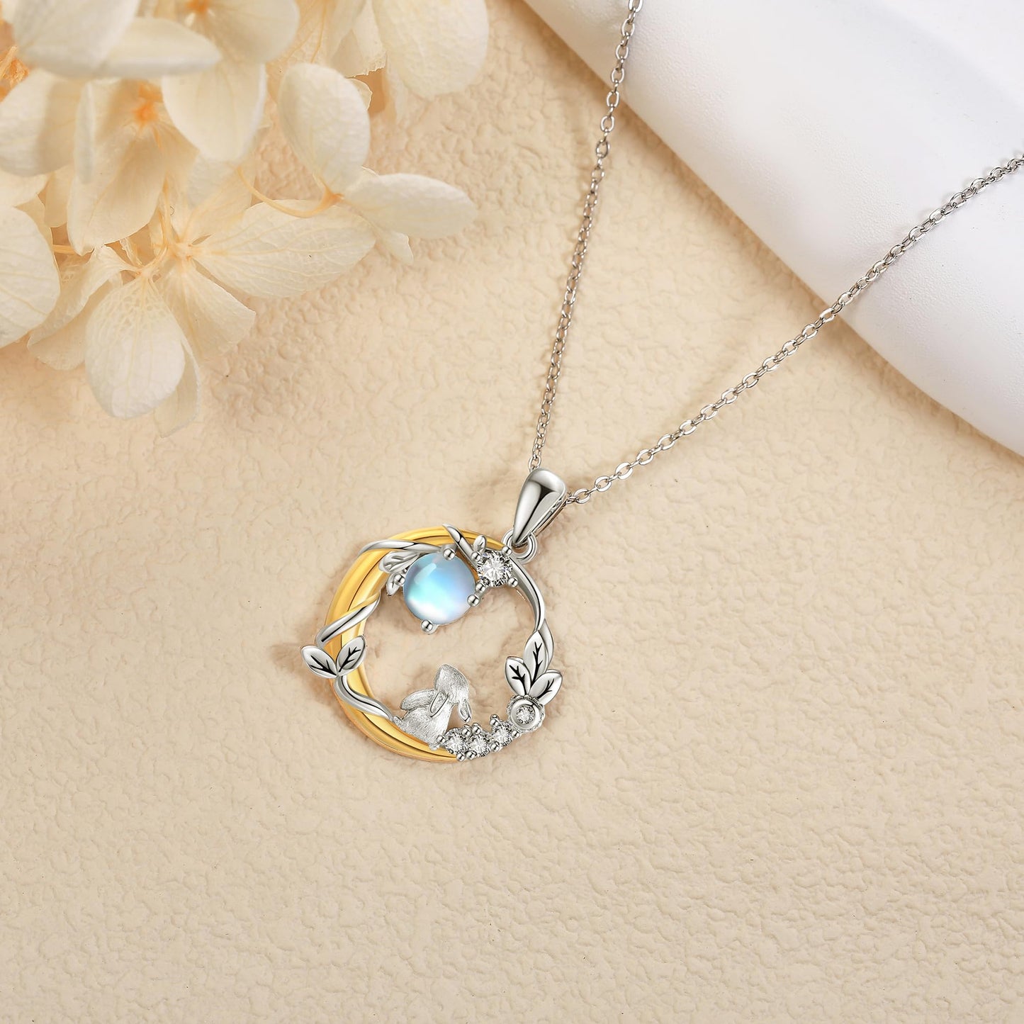 YAFEINI Bunny Moon Necklace Sterling Silver Rabbit Pendant Animal Mother's Day Jewelry for Women Mom
