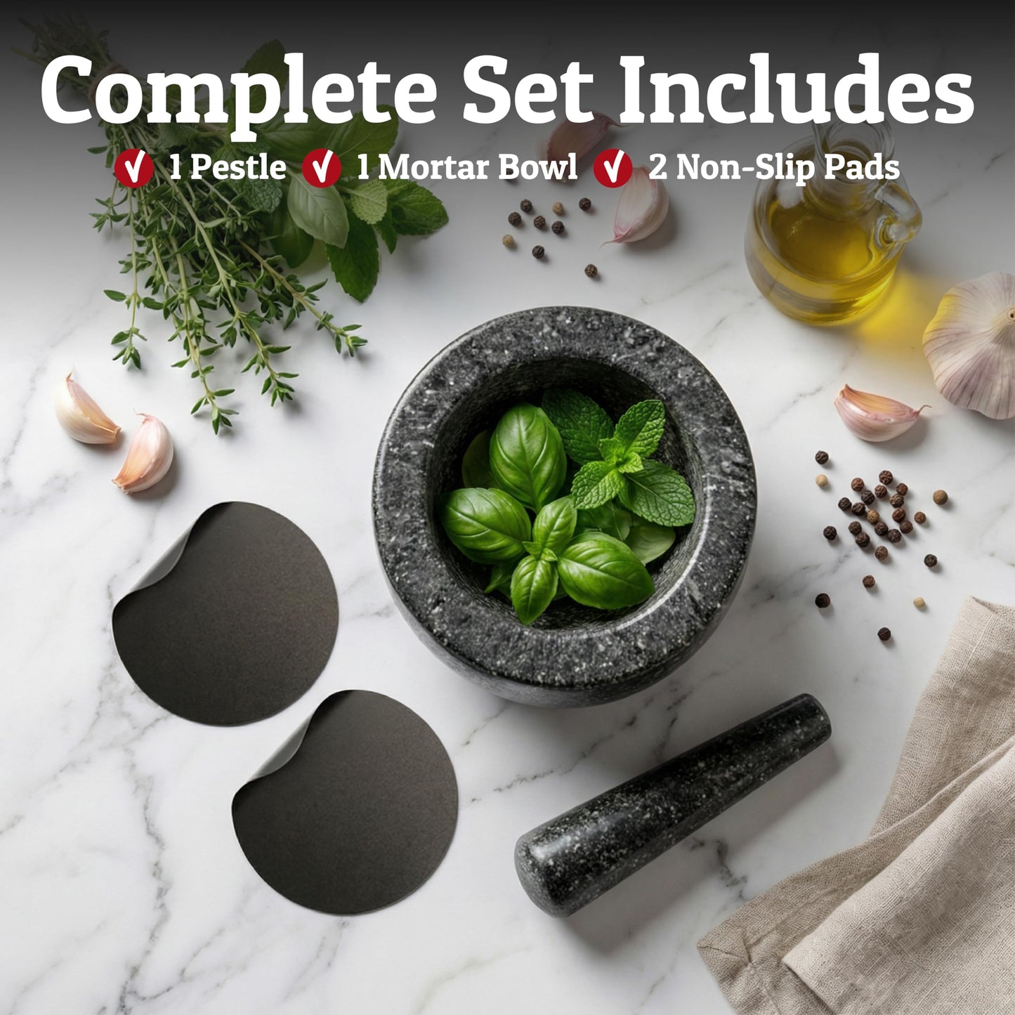 Priority Chef Heavy Duty Large Mortar and Pestle Set, 100% Granite, Non Slip Base, Make Fresh Guacamole, Salsa, Pesto, Stone Grinder Bowl, Herb Crusher, Spice Grinder, 4 Cup - Black