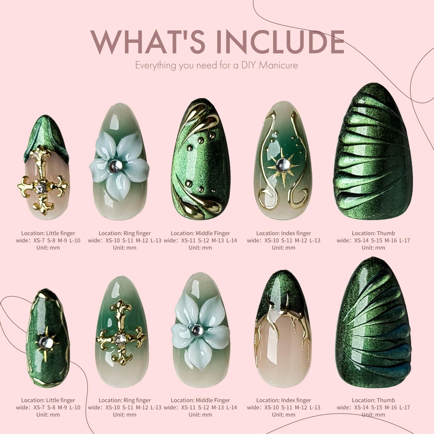 Green Leaf Fake Nails Press on Set, 10PCS with Floral Accents & Crystal Decorations, Includes Glue Tools Storage Box, Artistic Manicure Set for Special Events (green, S)