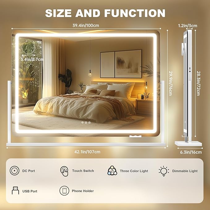 Hasipu Vanity Mirror with Lights, 40" x 29" LED Makeup Mirror, Light up Mirror with 10X Magnification and Phone Holder, USB Charging Port, Smart Touch 3 Colors Dimmable (White)