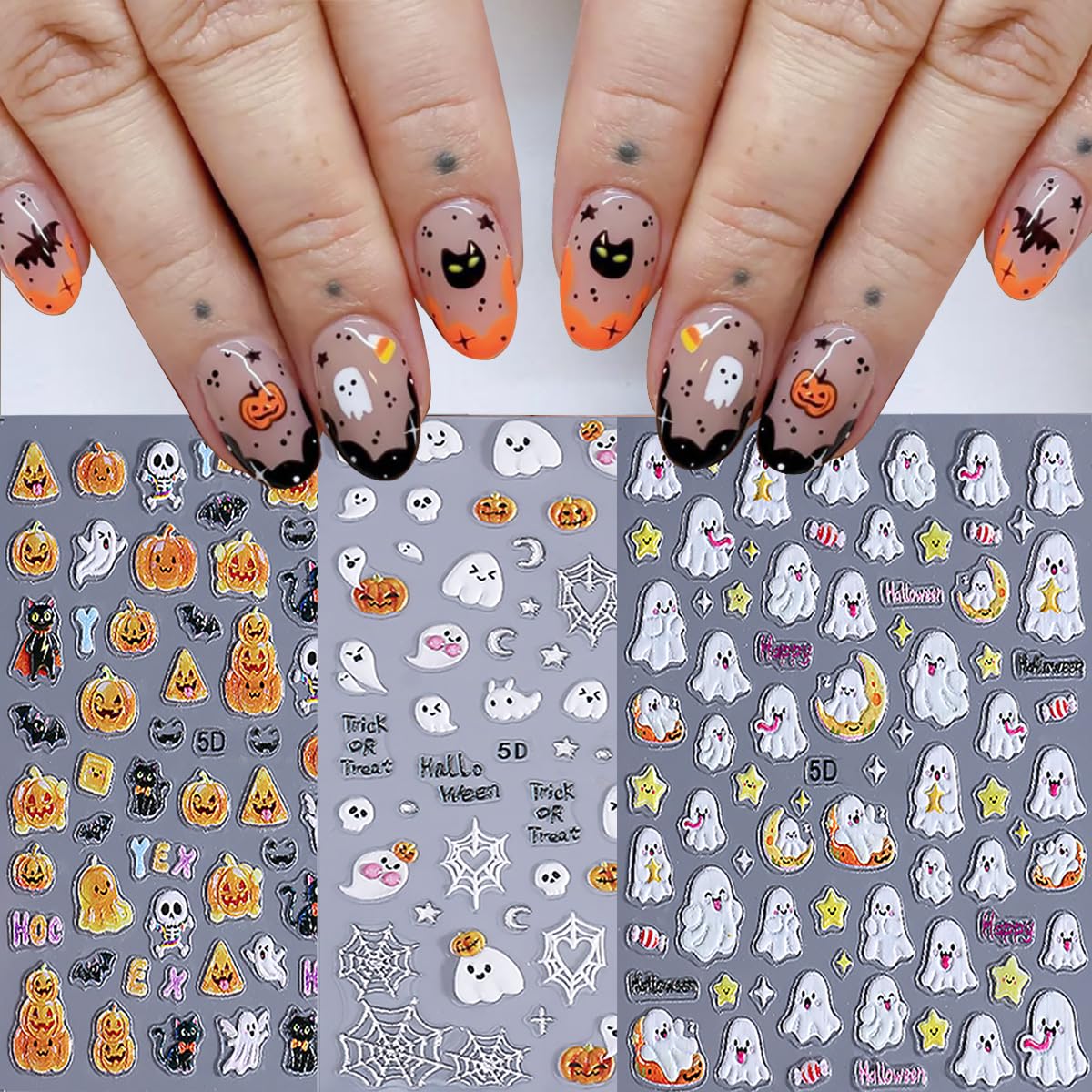 3 Sheets Halloween 5d Embossed Cute Ghost Nail Art Stickers Self Adhesive Pumpkin Spider Web Nail Decals Exquisite Star Moon Nail Design Stickers Holiday Nail Art Supplies for Women Decorations Tips
