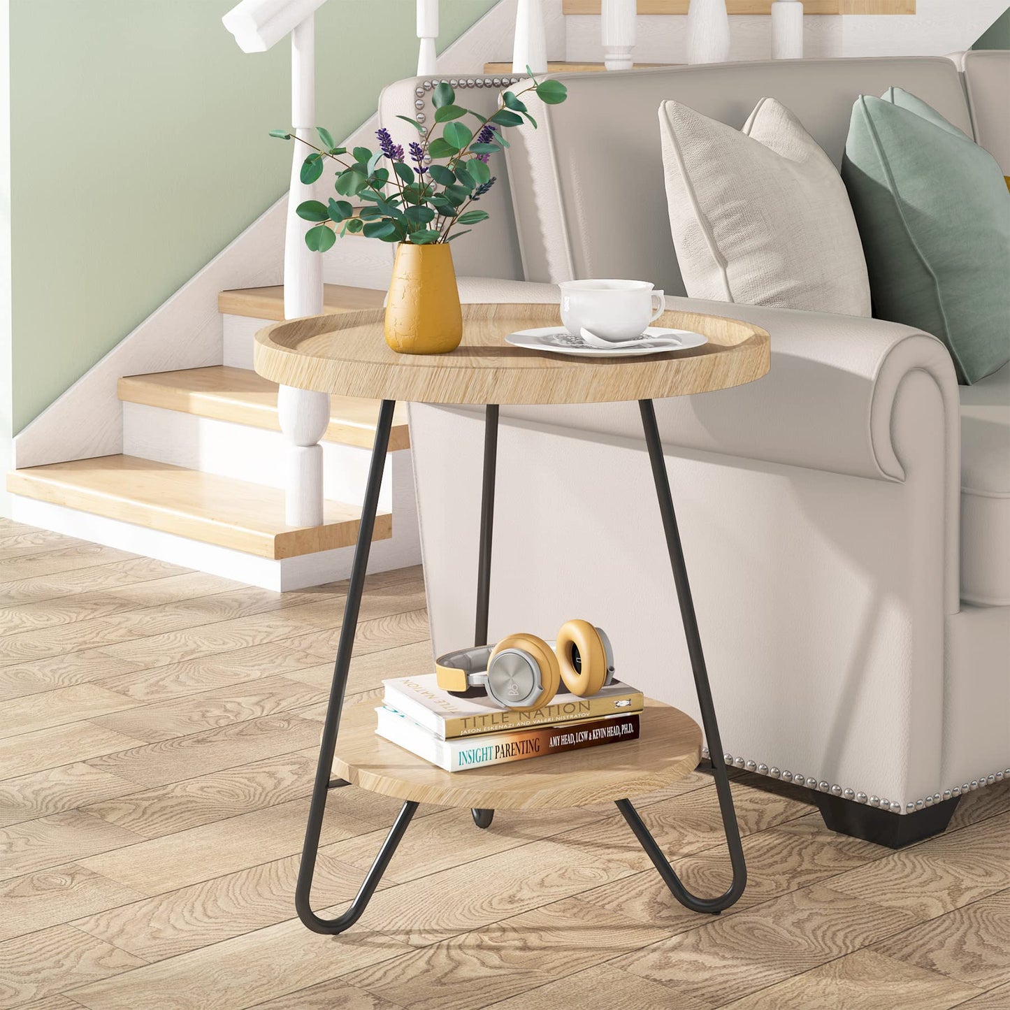 Tribesigns Round Side Table, 2-Tier End Table with Metal Legs, Modern Industrial Beside Table, Small Accent Table Snack Table for Living Room, Bedroom, Small Space, Easy Assembly, Wood Color