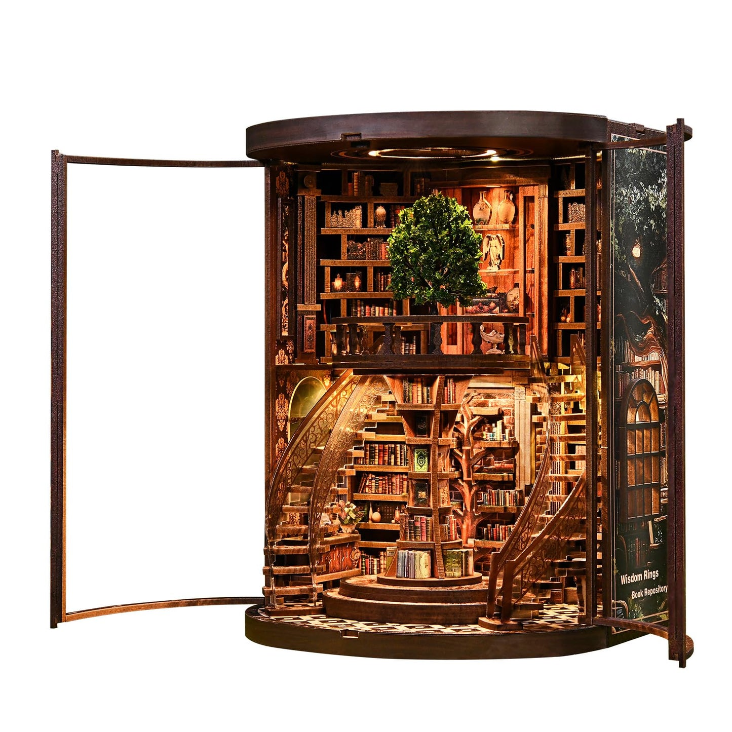 obzergem Book Nook Kit - Wisdom Rings Book Archive - Wooden Bookend and 3D Puzzle with LED Light, DIY Set for Adults, Bookshelf Decoration Diorama Kit, for Birthdays