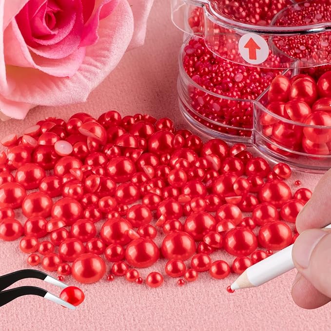 Nail Art Flat Back Half Round Pearl Kits 10, 1 Box of 6000 Pcs Flat-Back Red Pearl with Tweezer and Picker Pencil for Home DIY Nails Body Face Craft and Salon Use