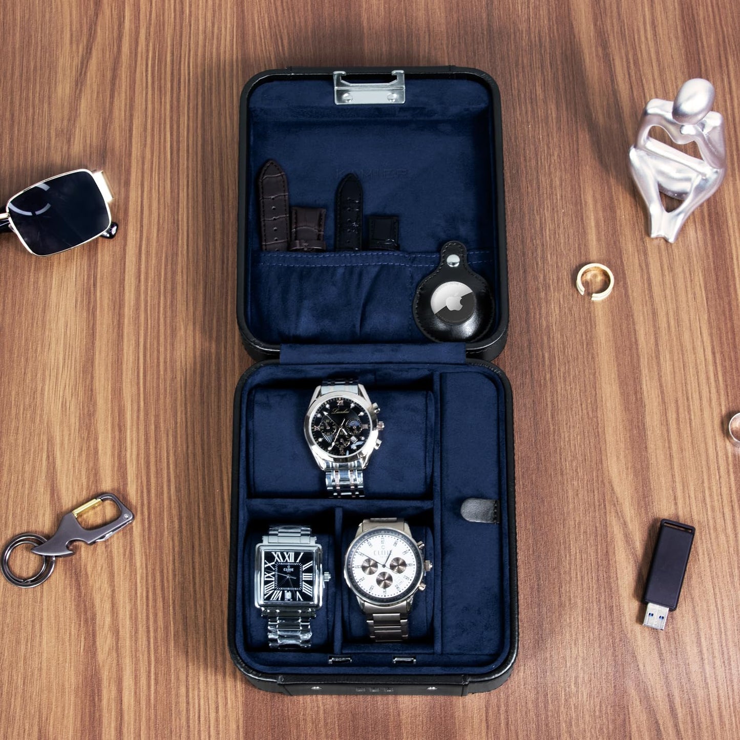 KAMIER Watch Case with Combination Lock - 4 Watch Storage and Jewelry Organizer - Watch Travel Case for Ring and Watch Storage, PU Leather Travel Watch Case, Ideal for Gift (With Gift Box),Black