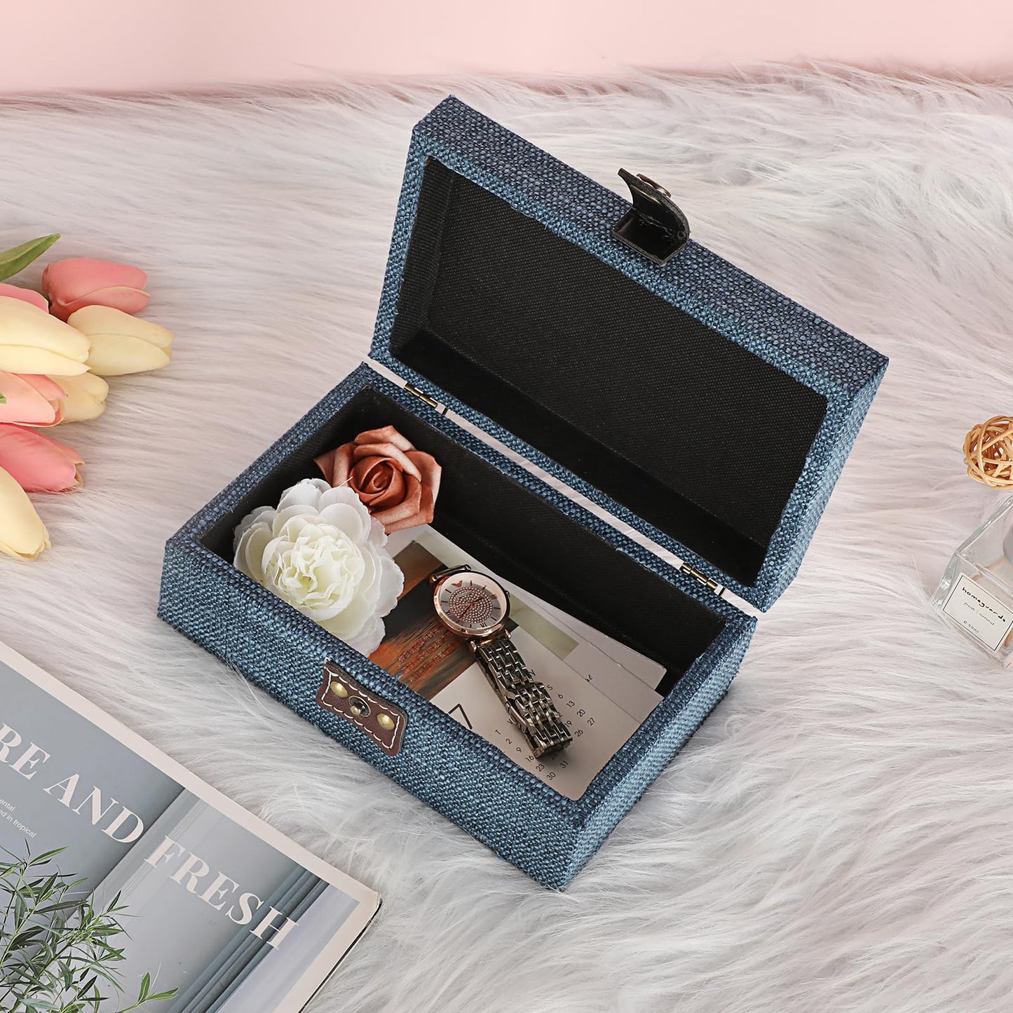 Hipiwe Treasure Chest Jewelry Box - Wooden Decorative Box with Clasp Linen Covered Memento Case Box Rectangular Keepsake Box Photos Storage Organizer Home Decor,Blue