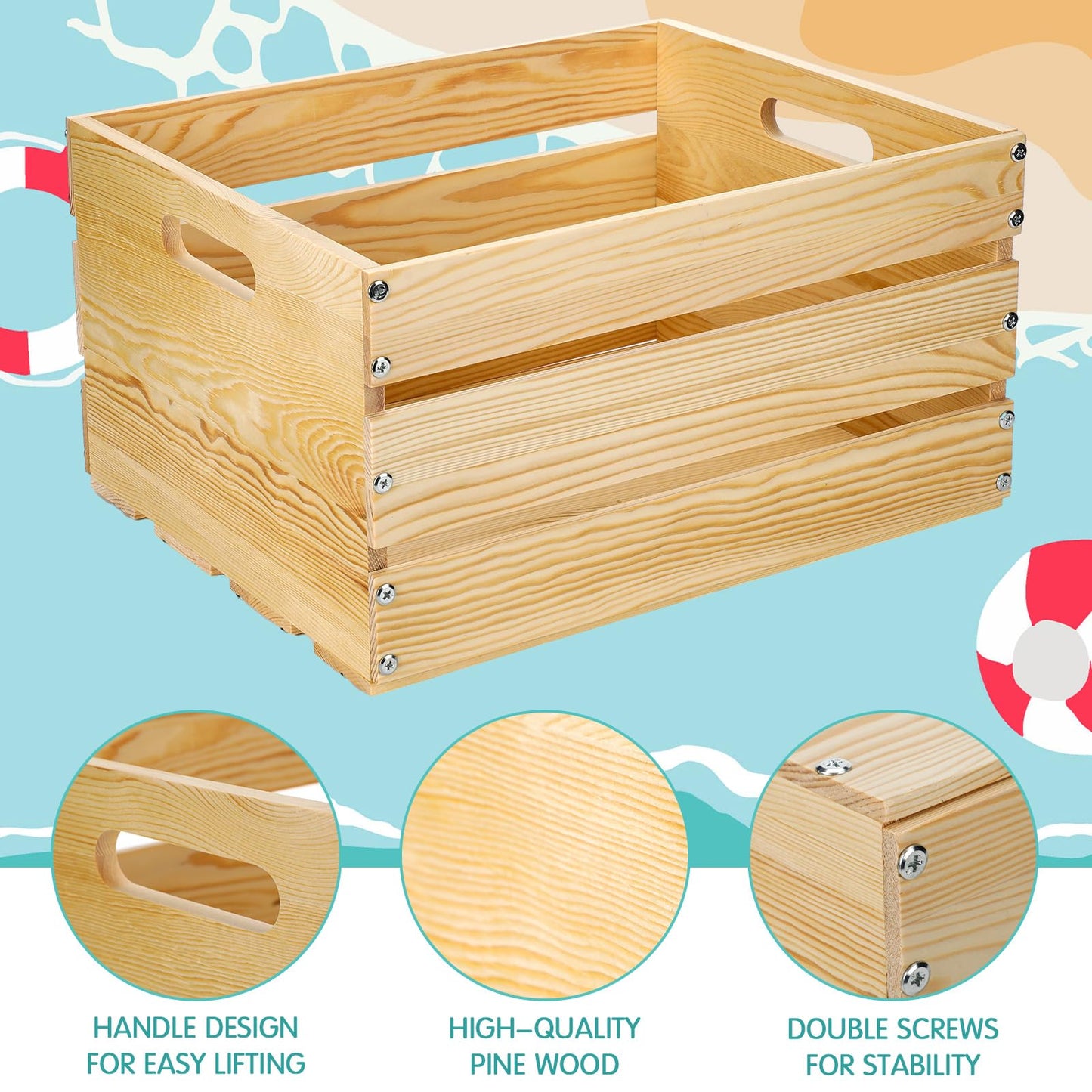 Youyole DIY Summer Bikini Box Large DIY Wood Crate for Crafts Unfinished Wood Crate Box with Paint Set for Storage Display Rustic Farmhouse Beach Party Decor, 16" x 13" x 8.7"