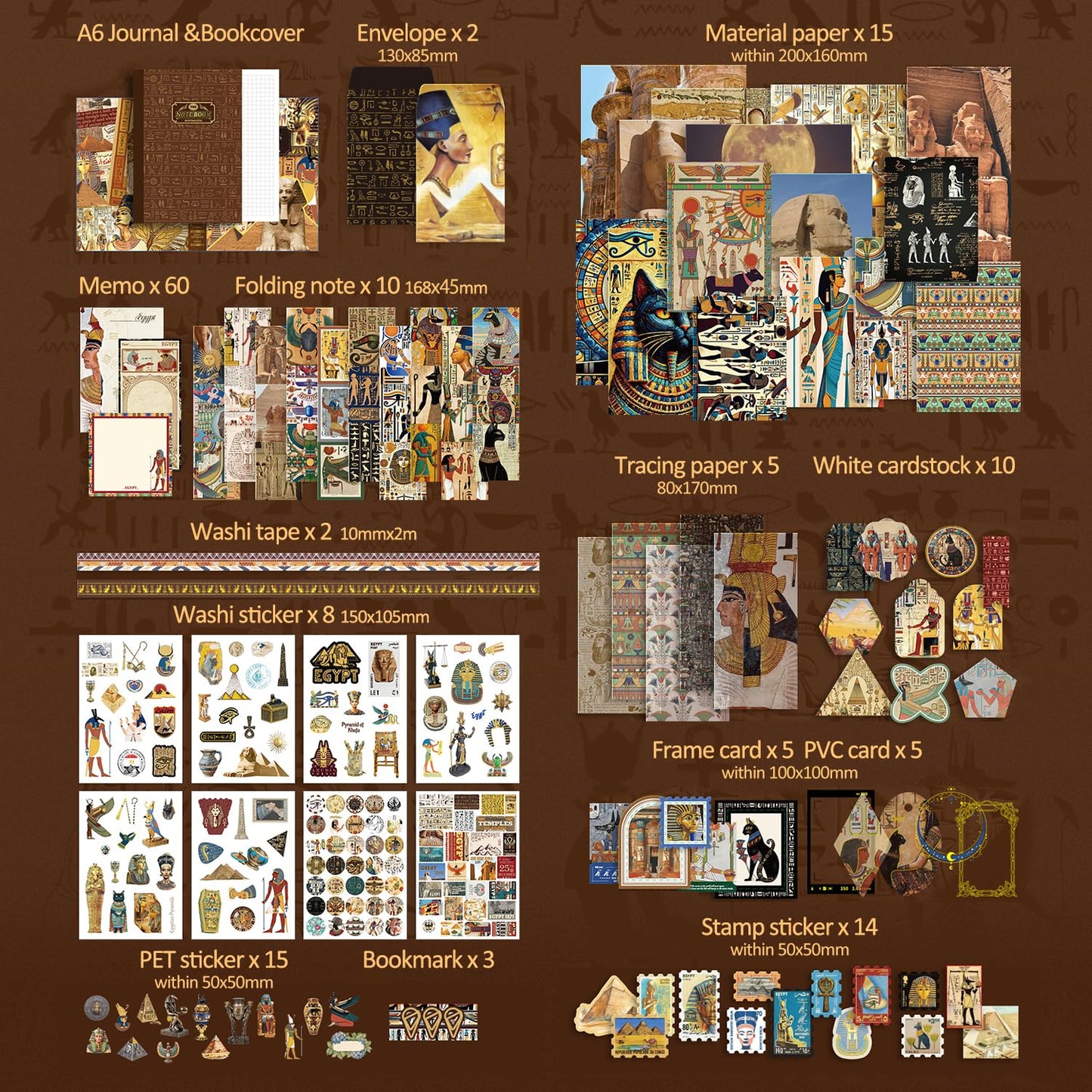 Scrapbooking Supplies Kit, Egyptian Vintage Aesthetic Scrapbook Kit for Bullet Junk Journal, Ancient Egypt DIY Journaling Supplies with Hieroglyph, Pharaoh, Pyramid, Unique Gift for Teens & Women