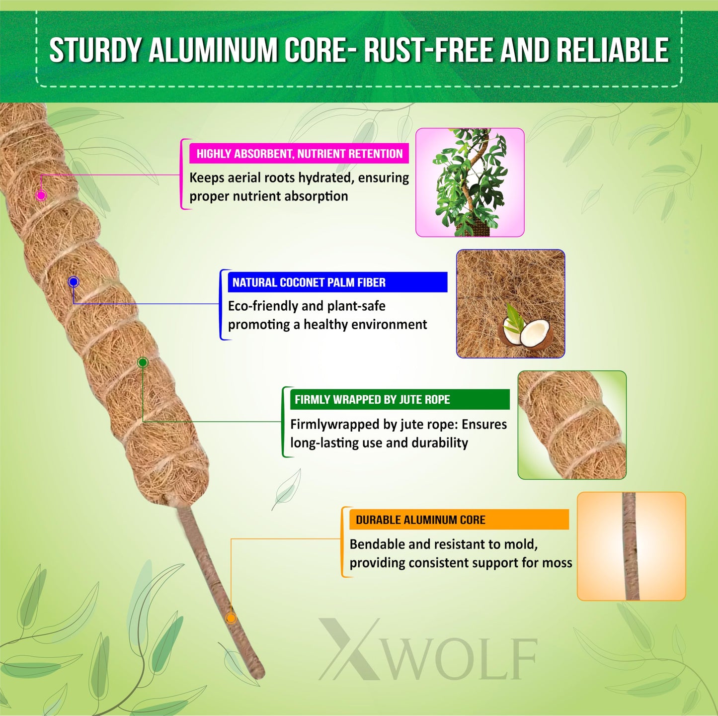 XWOLF 3 Pack Bendable Moss Pole 28" 48" 63" Monstera Plant Support for Climbing Indoor Plants, Tall Coir Plant Pole Sticks & Plant Stakes for Pothos, Philodendron & Potted Plants, Includes Plant Ties