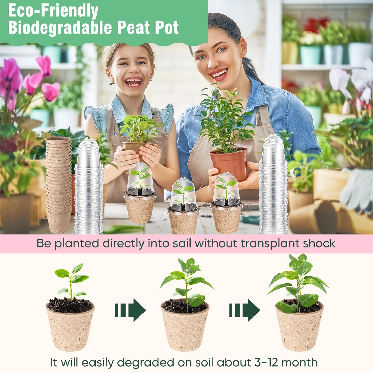 Baderke 120 Pcs Biodegradable Nursery Pots with 30 Humidity Dome and 30 Labels, 3.15" Plant Nursery Seed Starter Planter Biodegradable Peat Pots for Planting Seedlings, Vegetables (Round)