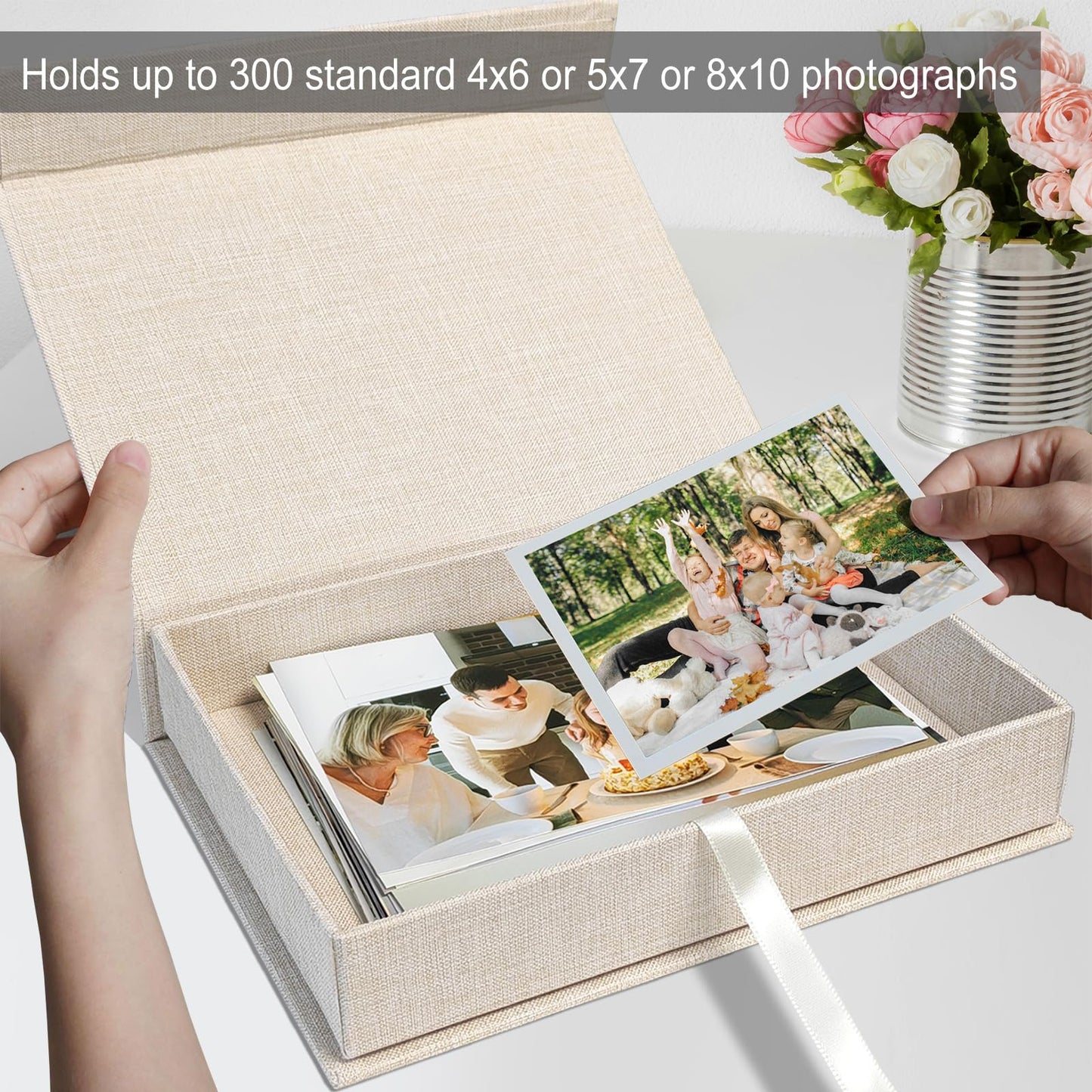 Sprsthai 8x10 Archival Photo Storage Box with Lid – Stackable Memory Keepsake Organizer for Photos, Certificates, Jewelry & Scrapbooking Supplies Beige