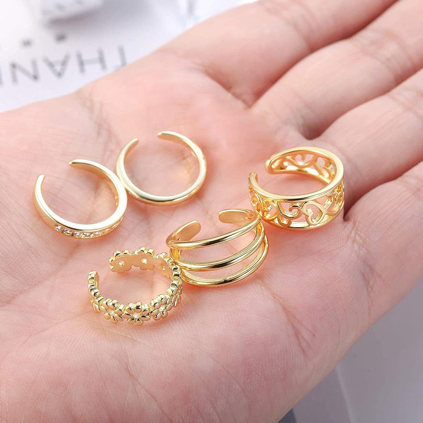 PYALXDN 5 Pcs Silver Plated Toe Rings for Women Adjustable Band Rings Open CZ Toe Ring Set Beach Foot Jewelry，Anti-allergy，Gold