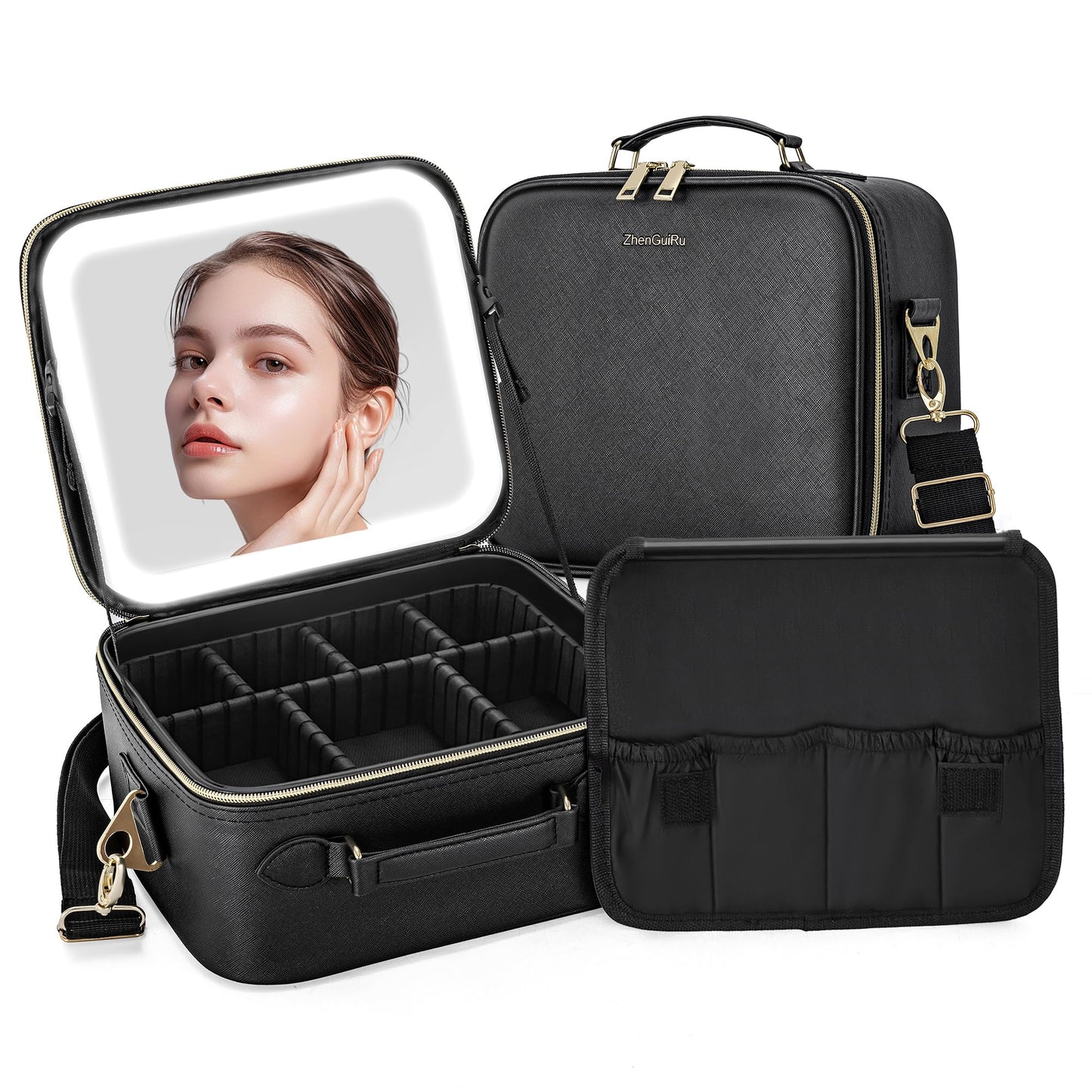 Gdsshuhung LED Makeup Bag with Mirror, Lighted Cosmetic Case with Natural Light, Adjustable Brightness and Soft Lighting, Travel Organizer with Compartments for Women(Black)