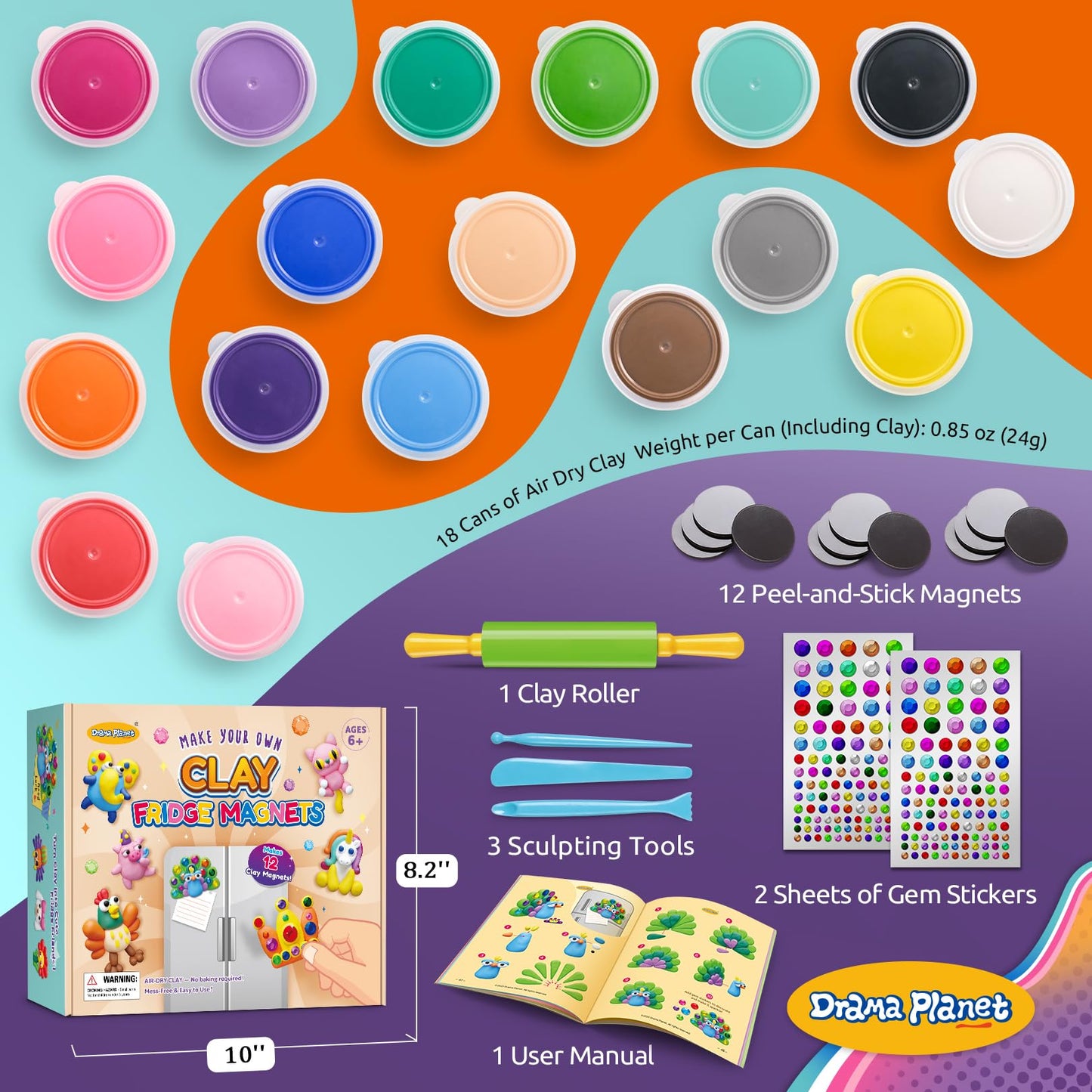 Drama Planet Make Your Own Clay Fridge Magnets Kit, Air-Dry Clay Crafts for Kids, Includes Instruction Book with 30 Designs, Makes 12 Fridge Magnets