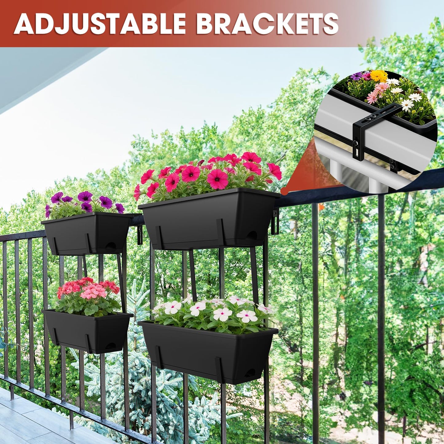 FANSXIVITA Rectangle Planters Box, 4 Pack Deck Hanging Planters for Railings, Window Box Planter with Drainage Holes & Trays, 16.9 Inch Balcony Planters Railing Hanging with Metal Brackets, Black