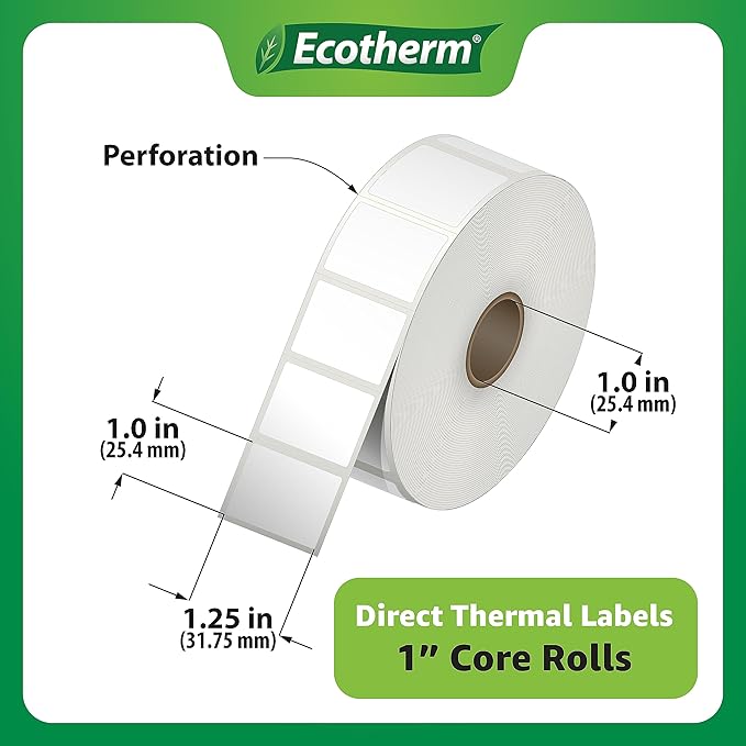 1.25" x 1" Thermal Labels | 4 Rolls | 5520 Labels | fits Zebra, Godex, Arkscan, iDPRT, Offnova Thermal Label Printers and More | Blank White Adhesive Stickers by Ecotherm