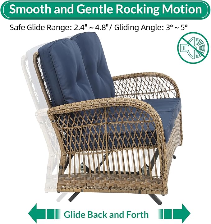 VIVIJASON 4-Piece Outdoor Patio Wicker Conversation Sets, All Weather Outdoor Rattan Furniture Set Includes Glider Loveseat, Coffee Table, 2 Rocking Chairs with Cushions for Backyard, Navy Blue