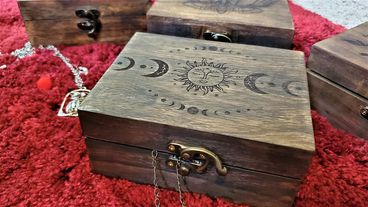 Engraved Wooden Tarot Box for Cards Crystal Holder | Sun and Moon Fortune Telling Astrology Trinket Keepsake Box. Fengshui Luck Talisman Decorative Gift Case/Holder