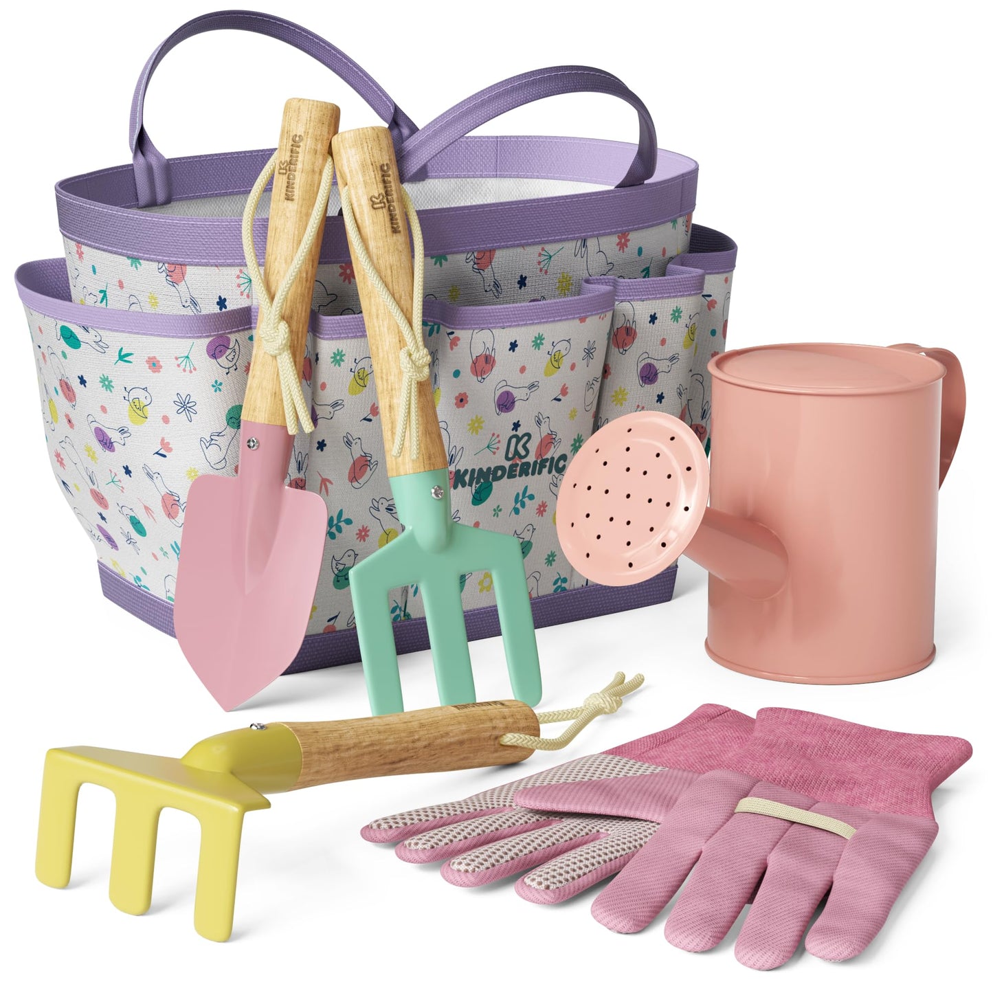Kinderific Gardening Set, Tool Kit, for Kids, STEM, Includes Tote Bag, Spade, Watering Can, Rake, Fork, Trowel and Gloves, Egg Hunt