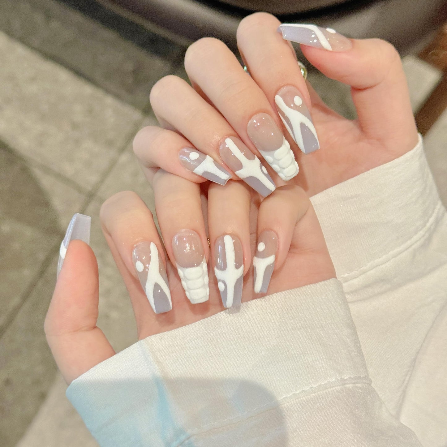 NLSJMP handmade nails press on Salon Quality false nails Reusable long square hand-painted gentle white cute acrylic 3D fake nails designed kit,10 Nails Size M #2251