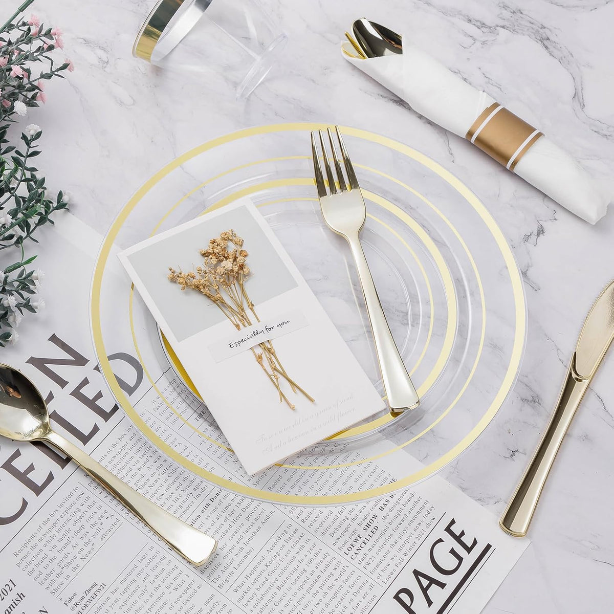 BESTVIP 175PCS Clear Gold Plastic Dinnerware Set, Disposable Party Plates for 25 Guests, Include: 50 Plastic Plates, 25 Pre Rolled Napkins with Silverware, 25 Cups for Christmas, Halloween