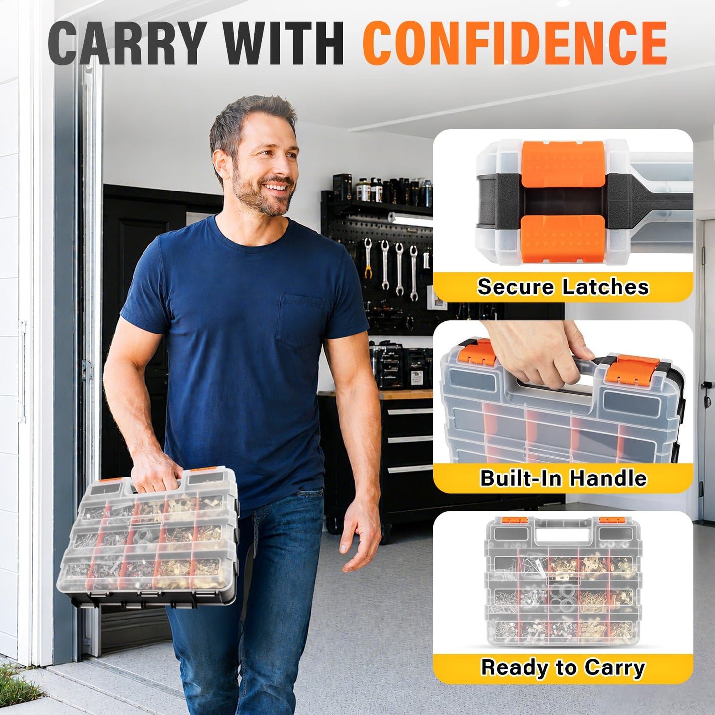 DIYSELF Tool Box, Double-Sided 34-Compartment Tool Organizer, Small Parts Organizer with Adjustable Space, Clear-Lid Small Storage Box for Hardware, Crafts, Beads, Jewelry and Fishing Accessories