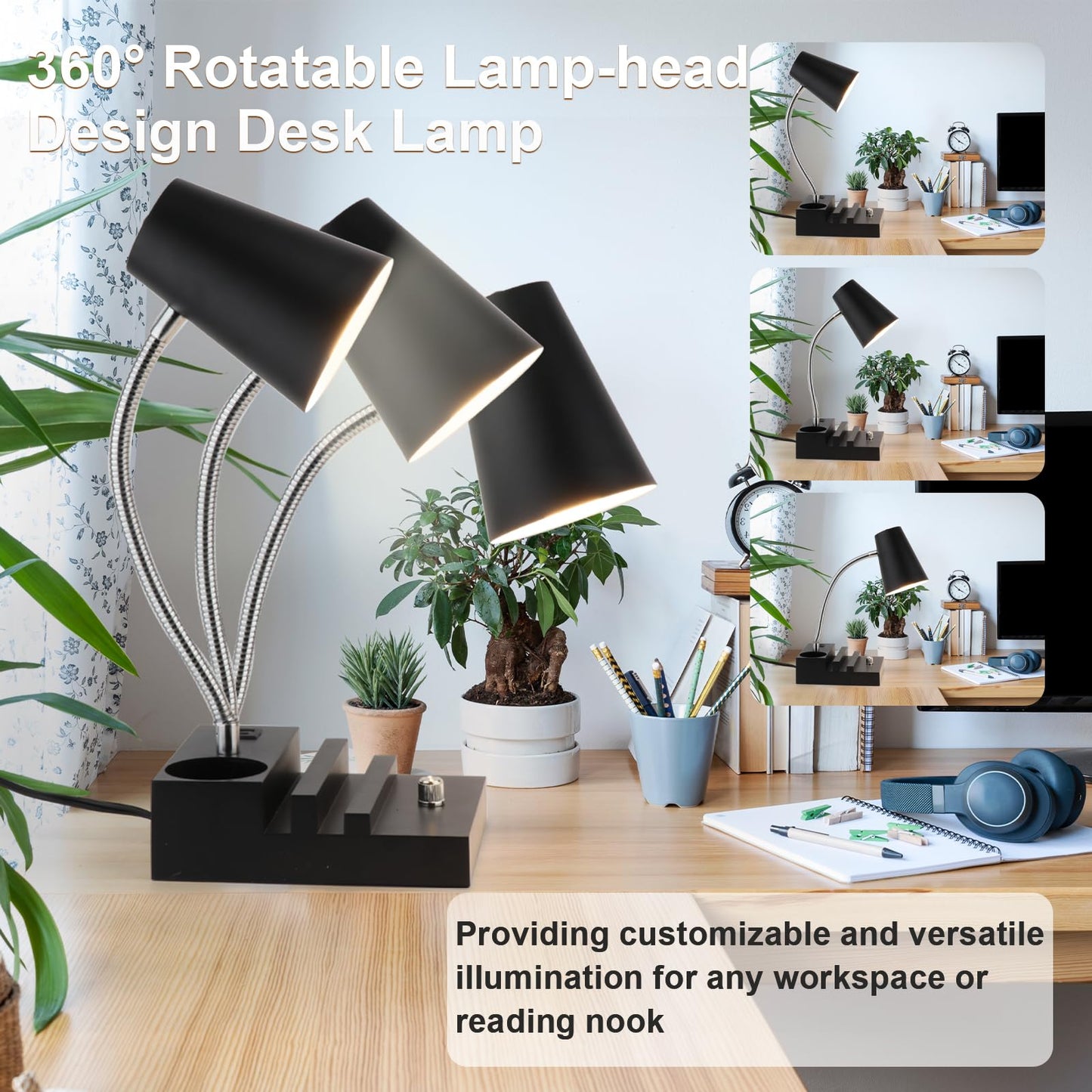 LALISU Study Desk Lamp with USB Charging and Type-C Night Light, Gooseneck LED Table Lamp Stepless Dimming Study Table Lamp with Pen Holder for College Dorm Bedroom and Office (Black)