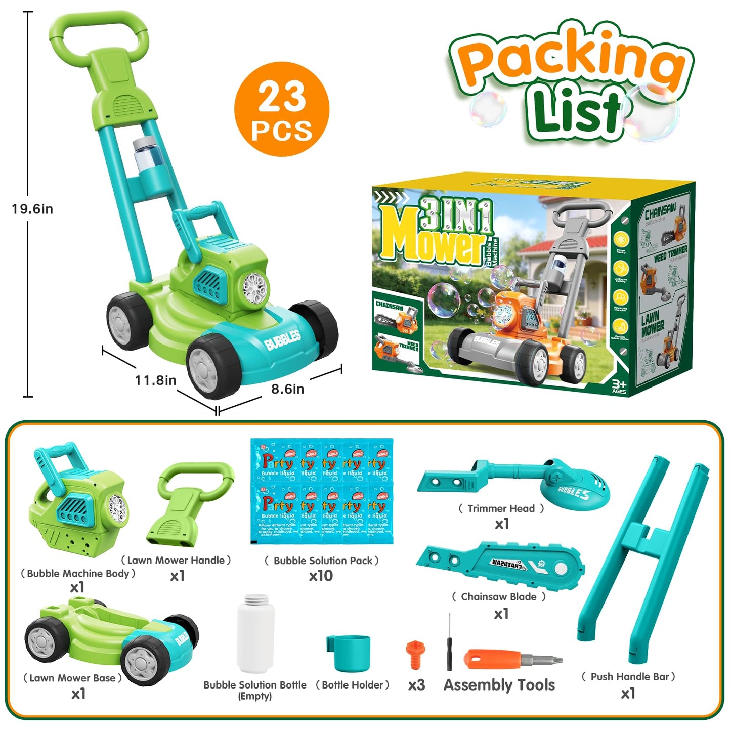 Bubble Lawn Mower for Kids, 3-in-1 Bubble Machine Blower with 10 Bubble Solution, Outdoor Push Toys for Toddlers Ages 3-8, Birthday Easter Summer Gift for Boys Girls 3 4 5 6 7 8 Year Old