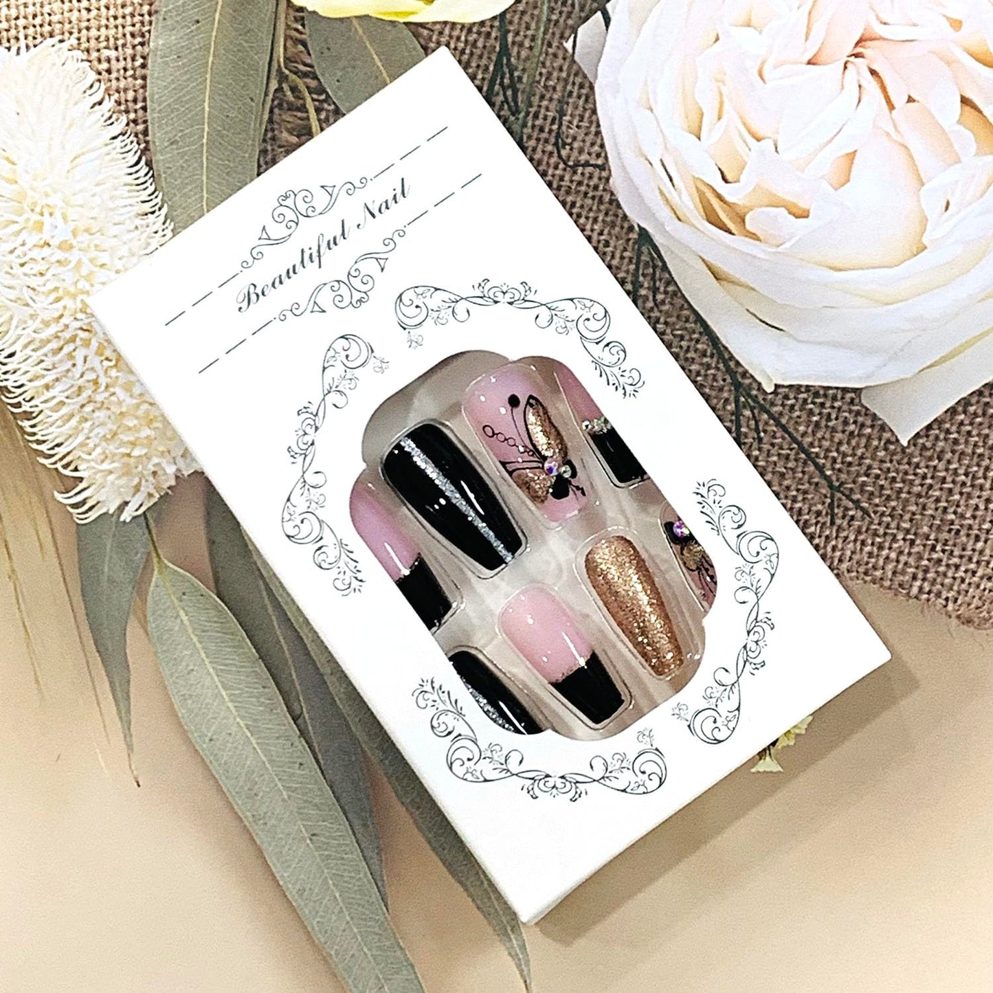FIEONCIY Press on Nails Square Medium Length Glossy Full Cover Acrylic Square Shaped False Nails with Designs Artificial Short Coffin Fake Nails with Charms Glue ons Fingernails for Women(BKS3100)