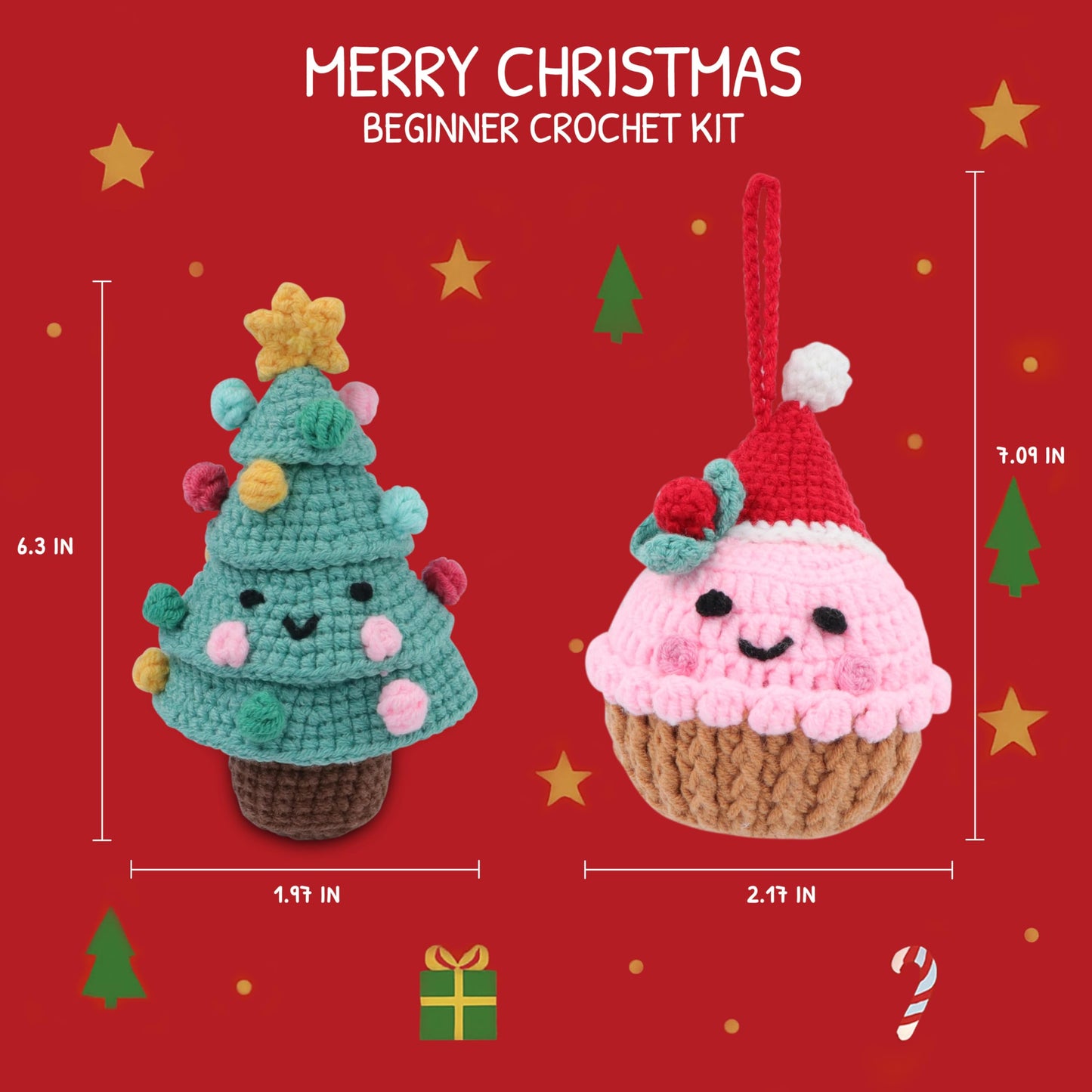 HOUSE CREATIVITY Crochet Kit for Beginners – Make a Christmas Tree & Cupcake, Amigurumi Crochet Starter Kit with Video Tutorial, Yarn & Hook, DIY Holiday Ornament & Cute Desk Decor Gift
