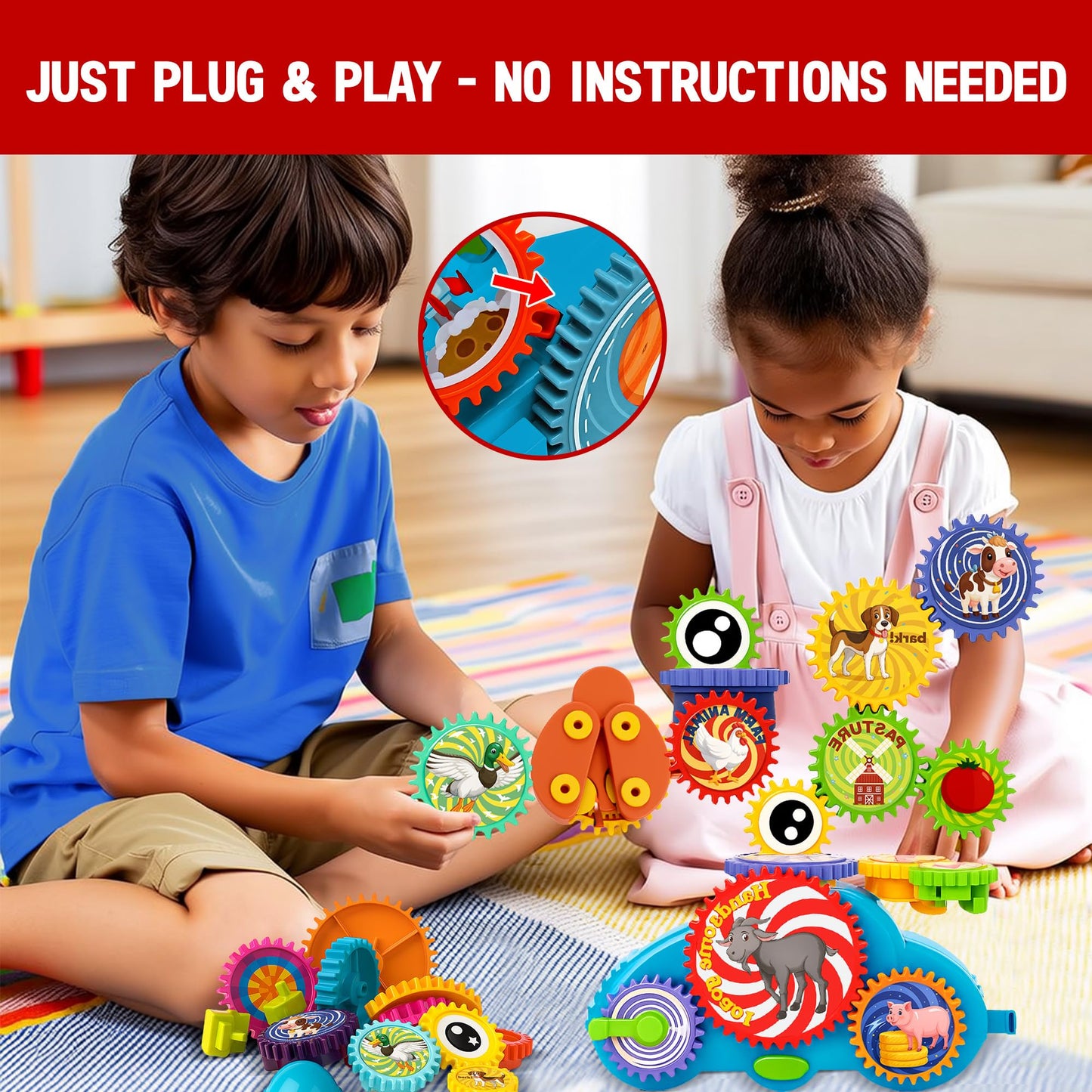 ROHSCE Motorized Gear Building Blocks Toys, Electric Farm Animal Spinning Set Ages 3-6, STEM Learning Construction Kit, Fine Motor Cause-Effect Gift for Boys Girls