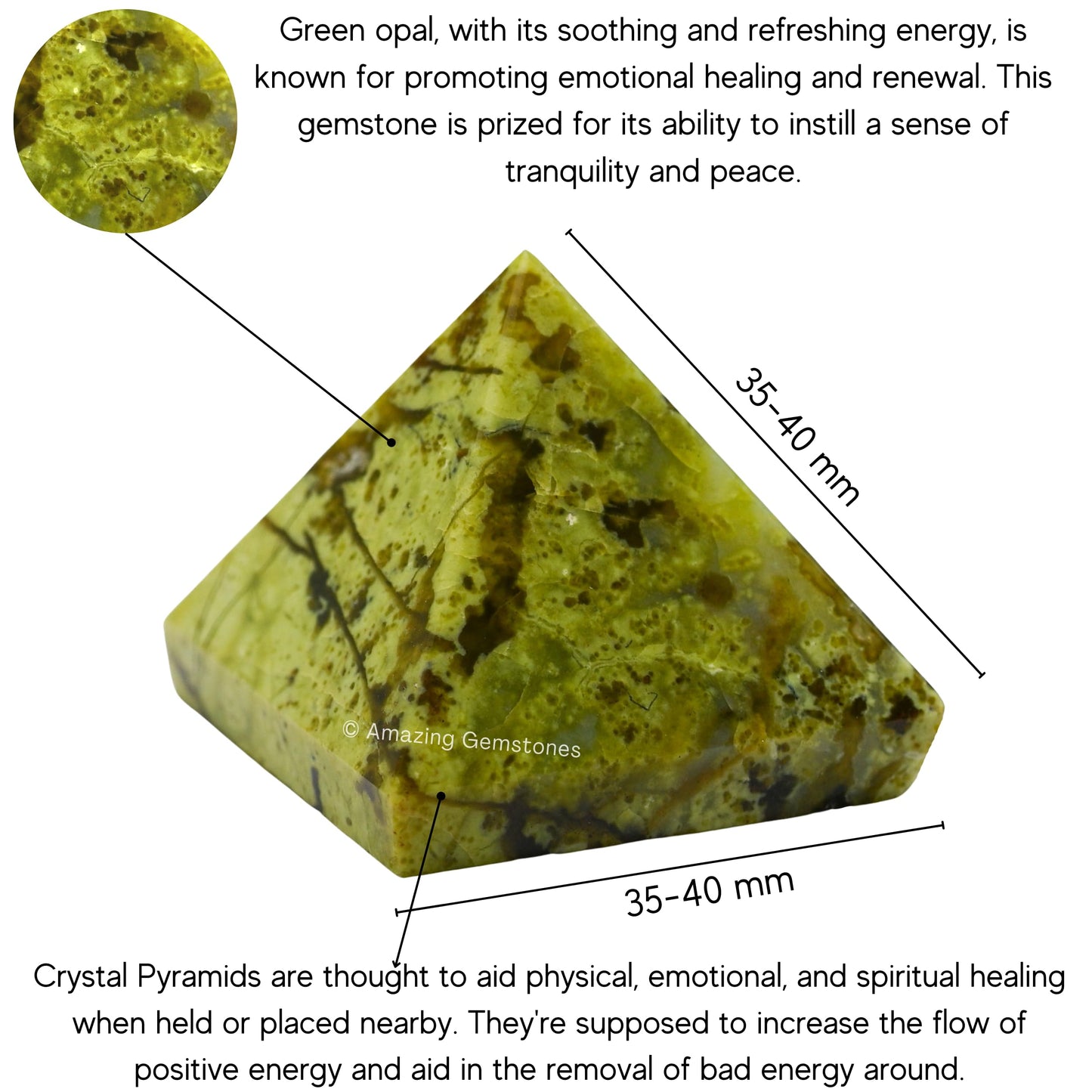 Amazing Gemstone Green Opal Pyramid Crystal Healing Stones - 1.5" Great Pyramid Figurine of Natural Stone Pyramid for Meditation, Reiki, Chakra Balancing and Crystal Pyramids Grid