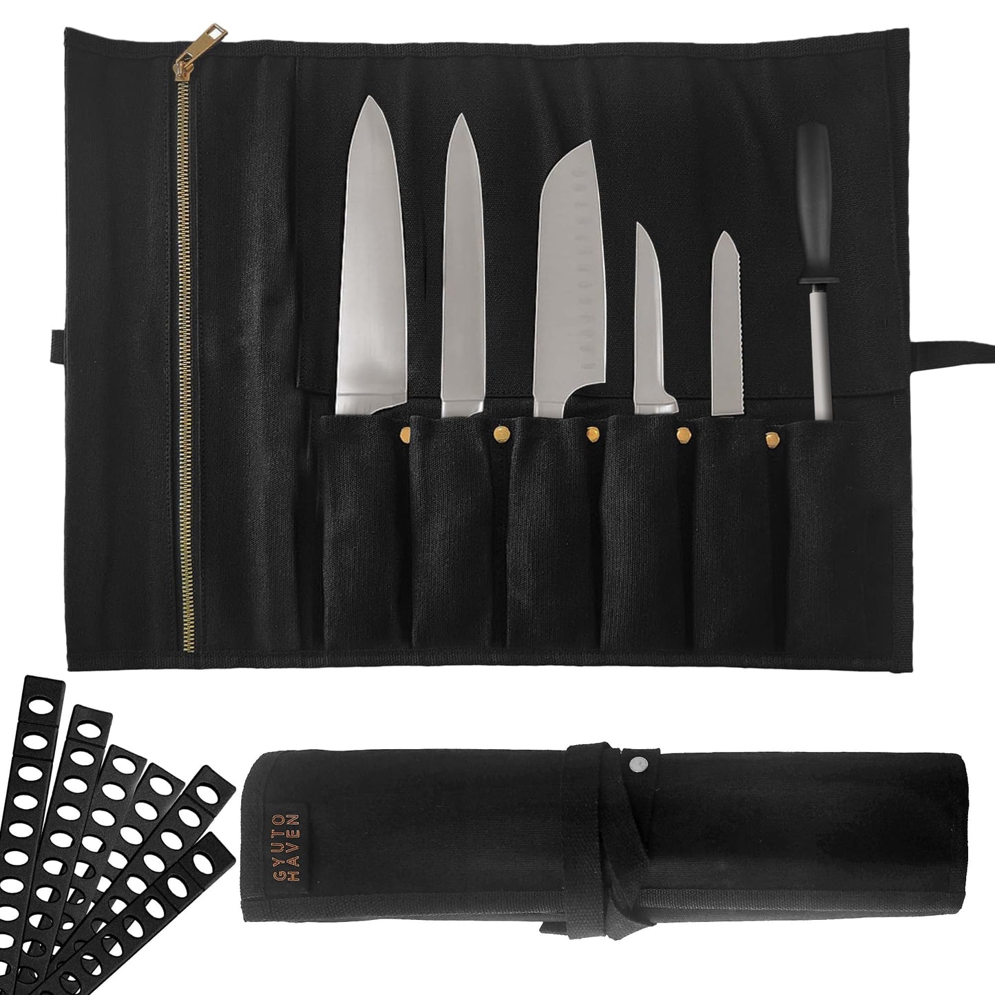 Chef Knife Roll Bag - Durable 6 Slot Black Waxed Canvas Knife Roll- Water Resistant Standard Knife Bag w/ Roll Tie, Large Zippered Pouch & 6 Plastic Knife Guards-Fits knives up to 2” wide & 15” long