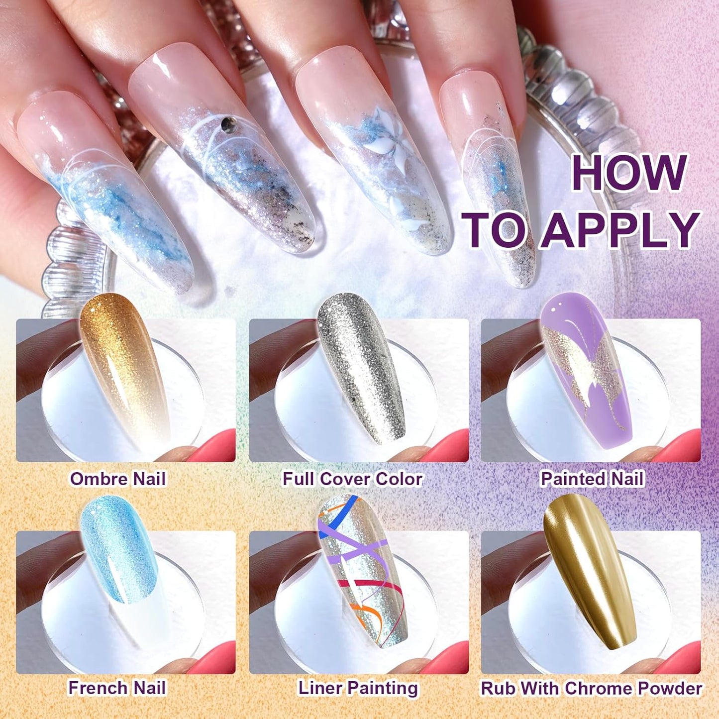 Gradient Painting Gel, 16 Gliter Colors Ombre Gel Nail Polish for Pigment Pat Silver&Gold Pink Blue Aurora color Bright Nails, French Manicure DIY Nail Art No-wipe Palette for Women