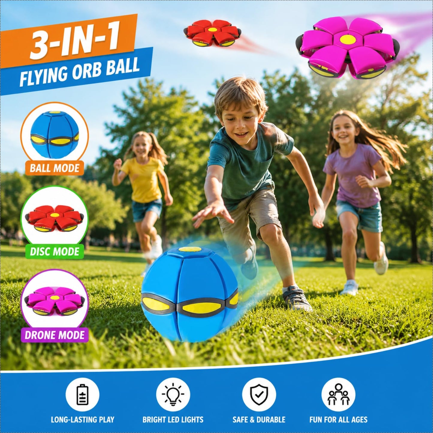 VANCON Magic Ball, Parent-Child Interaction Magic Metaball Flying Saucer, Time Delay Transformation Magic Bouncy Ball with 6 Light, Suitable for Indoor & Outdoor Use (Pink)