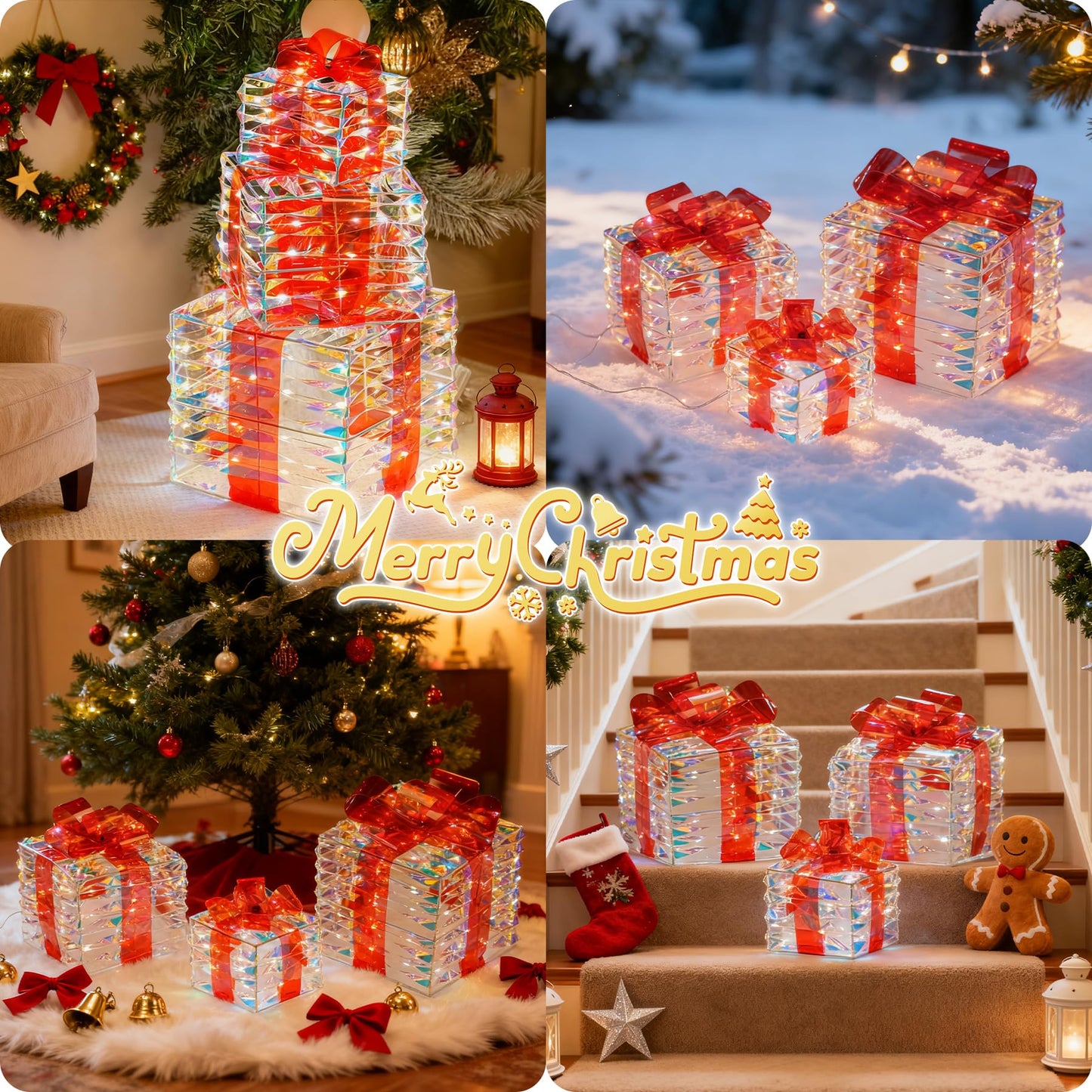 LAWOHO Christmas Lighted Gift Boxes Set of 3 Iridescent Present Boxes with Bow-Knot Battery &USB Powered Light up Box Decorations for Christmas Home Indoor Outdoor Holiday Decoration